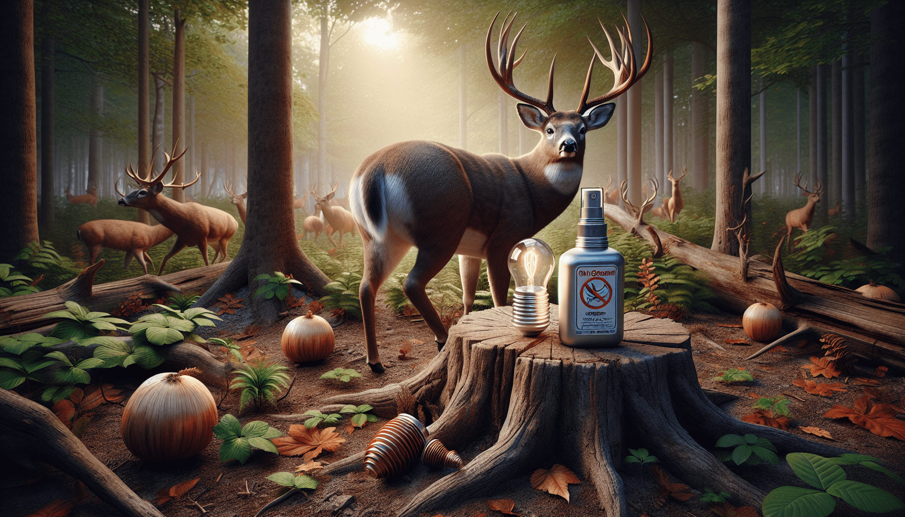 A detailed and hyper-realistic image of a deer in a forest setting. The animal is strategically positioned to indicate it's in the rut period. It is surrounded by foliage indicative of the fall season. Also included are two separate, unbranded items positioned on a tree stump. One of these resembles a deer repellent or scent, and the other, a bulb-in-a-bottle type object suggesting a DIY style scent. The atmosphere alludes to a comparison scenario with both the items given equal prominence. The image is rich in color with a strong emphasis on realism, and void of text or characters.