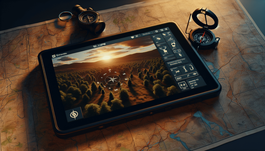 A hyper-realistic image showcasing a generic, unbranded digital device displaying a map. The map details a dense forest with marked locations denoting spots of interest for deer scouting. Do not include brand names or logos. As the sun sets in the background, it casts a warm, golden hue on the landscape, heightening the depth and detail of the scenery. To the side of the device, lies a compass and a pair of binoculars. The overall environment resonates quiet solitude, perfect for a solitary activity such as deer scouting.