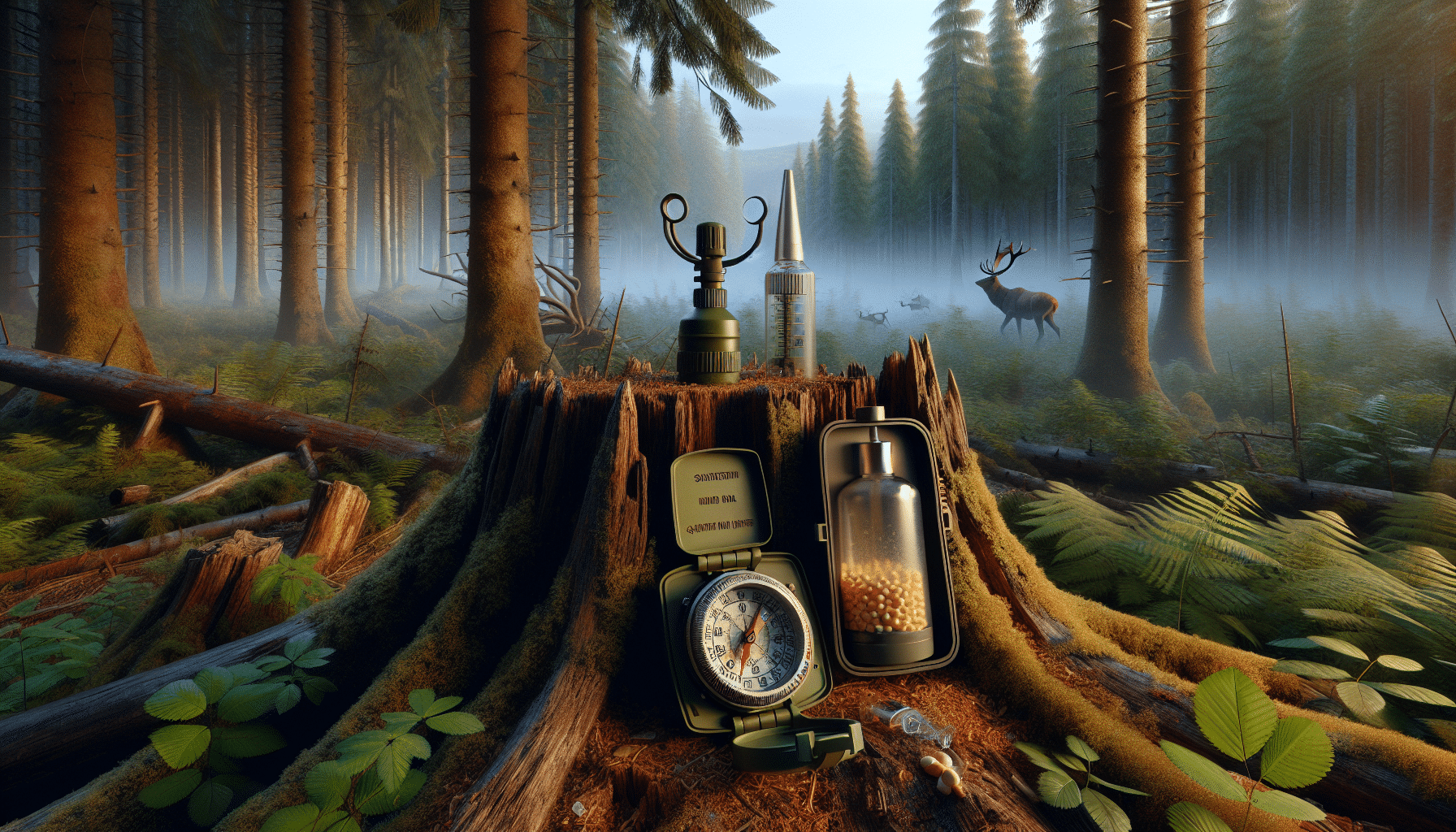 Hyper-realistic image of tools used to check wind direction while hunting. The scene is set in a dense forest filled with towering trees and undergrowth. In the foreground, a compass and a portable anemometer rest on the stump of an old tree. Beside them, an object resembling a squeeze bottle filled with unscented powder, used to reveal wind direction when manually expelled into the air, is visible. In the far-off distance, a silhouette of a deer can be seen through the thick morning mist, adding context to the hunting theme.