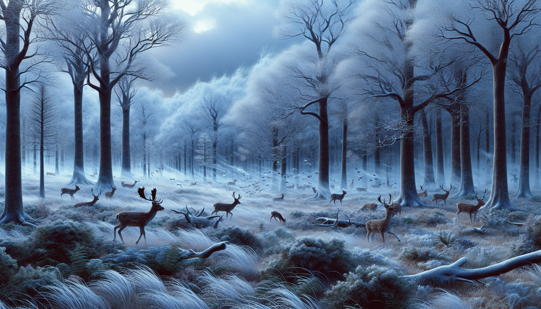 Hyper-realistic illustration of a serene forest scene affected by a cold front. Clear visual cues emphasize the weather shift, such as darkened skies with rolling clouds, swirling snowflakes that have started to coat the ground, and trees bending slightly under the force of the wind. Numerous deer are scattered throughout the landscape, moving about more actively than usual. Their breath is visible in the cold air as they navigate through the frost-kissed foliage, providing a clear indication of the cold temperatures. Note the absence of human presence, brand names, logos and text, as this is primarily a nature-focused image.