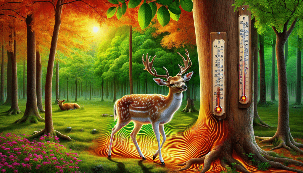 A hyper-realistic image of a deer, ideally a white-tailed deer, in a lush, green forest during mid-fall. The color of the leaves ranges from green to different shades of orange and red. We also see a temperature gauge nearby hanging on a tree with its mercury rising, indicating increasing warmth. To signify too much warmth, depict wavy heat lines emitting from the ground, as well as the deer is seen panting or seeking shade under a tree. The scene should not contain any people, text, brand names or logos.