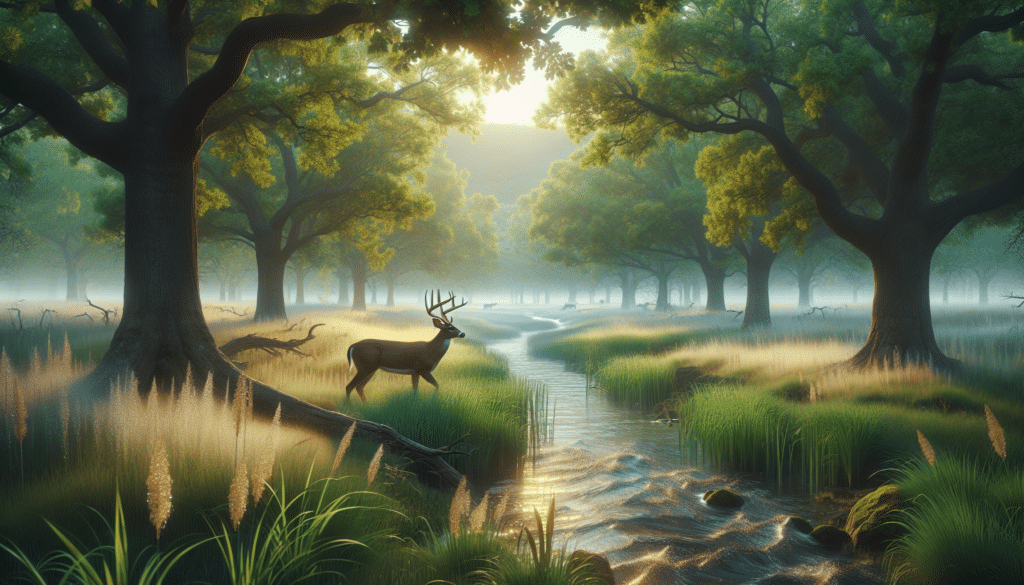 Create a hyper-realistic image featuring a lush green forest with mature oak trees, patches of tall grass, and a crystal-clear stream. Off in the distance, a mature white-tail deer grazes peacefully. Dew-kissed leaves sparkle in the sunrise, suggesting high humidity. The air appears hazy, indicative of the ideal humidity level for deer hunting. There are no people, no text, and no brand names in this scene.