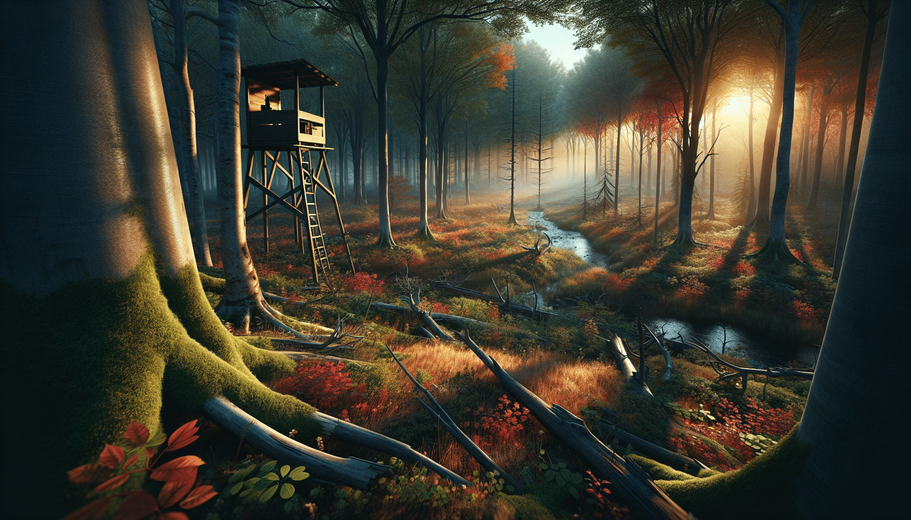 A hyper-realistic image set in the deep woods during early autumn. The vast canopy of trees is awash with hues of red, orange, and yellow. Shadows of the rising sun touch the forest floor through breaks in the foliage. Soft morning fog lightly veils the scene, adding to the charm. Visible is an array of signs indicative of deer presence such as footprints and broken branches. Include a peaceful scenic river flowing nearby and a treestand with a powerful looking binoculars atop it. No people, text, or brand names should be present in this serene, silent scene.