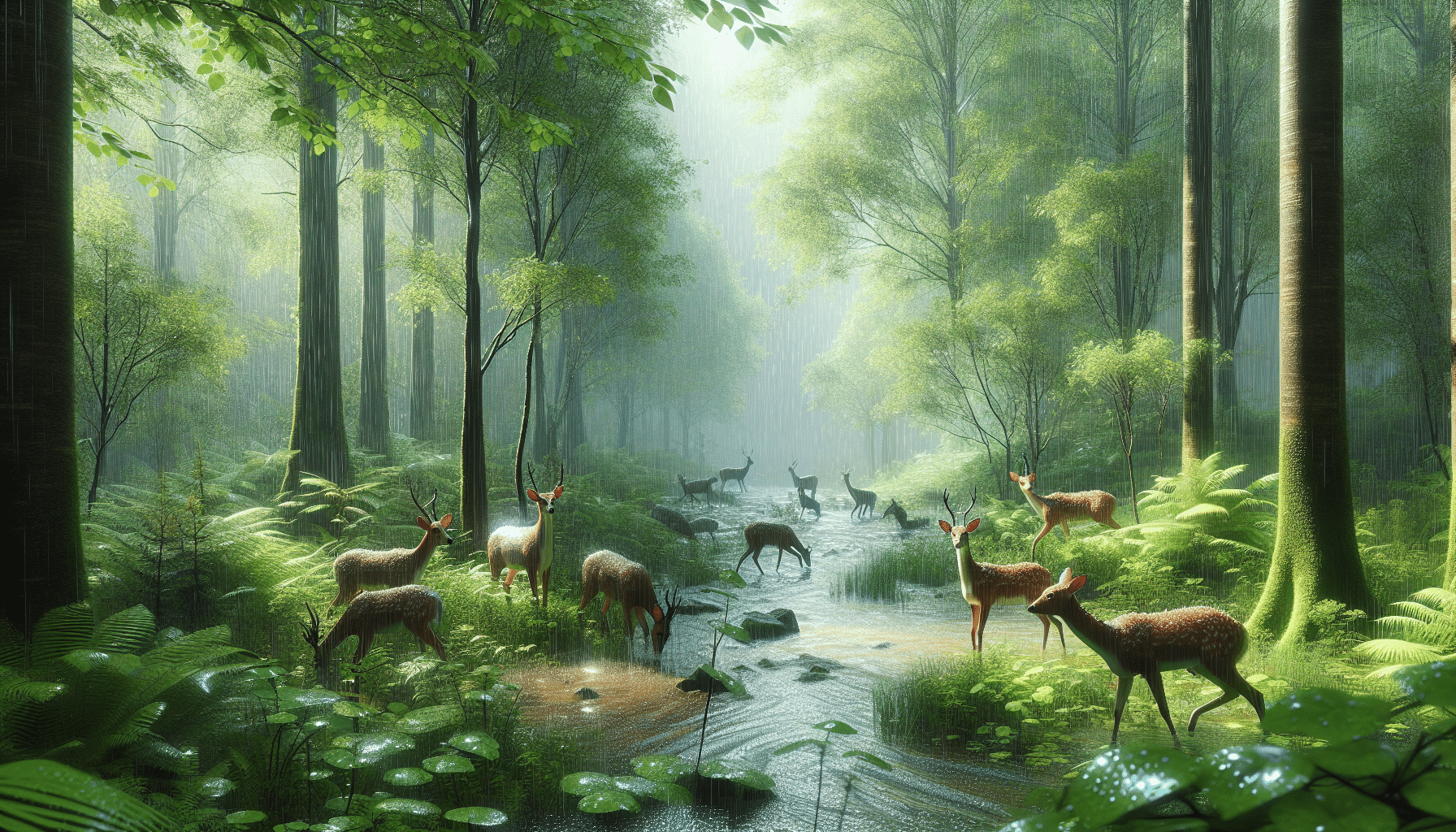 Generate a hyper-realistic image of a green, lush forest landscape during a gentle rain shower. Several deer, agile and alert, are depicted altering their usual movement patterns - one may be taking shelter under a dense foliage, while another might be cautiously navigating the wet terrain. Raindrops on leaves and the damp forest floor add to the realism of the image. Avoid the inclusion of people, text, or branded items in the scene.