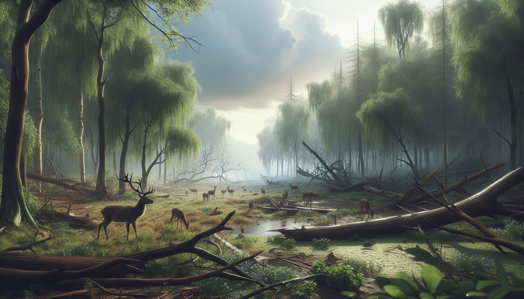 Create a hyper-realistic image of a serene forest landscape recovering after a storm, with branches and foliage scattered on the forest floor. Heavy clouds are clearing to lend the scene a soft, diffused sunlight. A herd of deers is seen in the background searching for food, suggesting a strategic approach to survival post storm. Add details to reflect typical strategies, like deer moving towards less damaged vegetation or near water bodies. The scene is absent of human presence, any striking brand logos or texts.