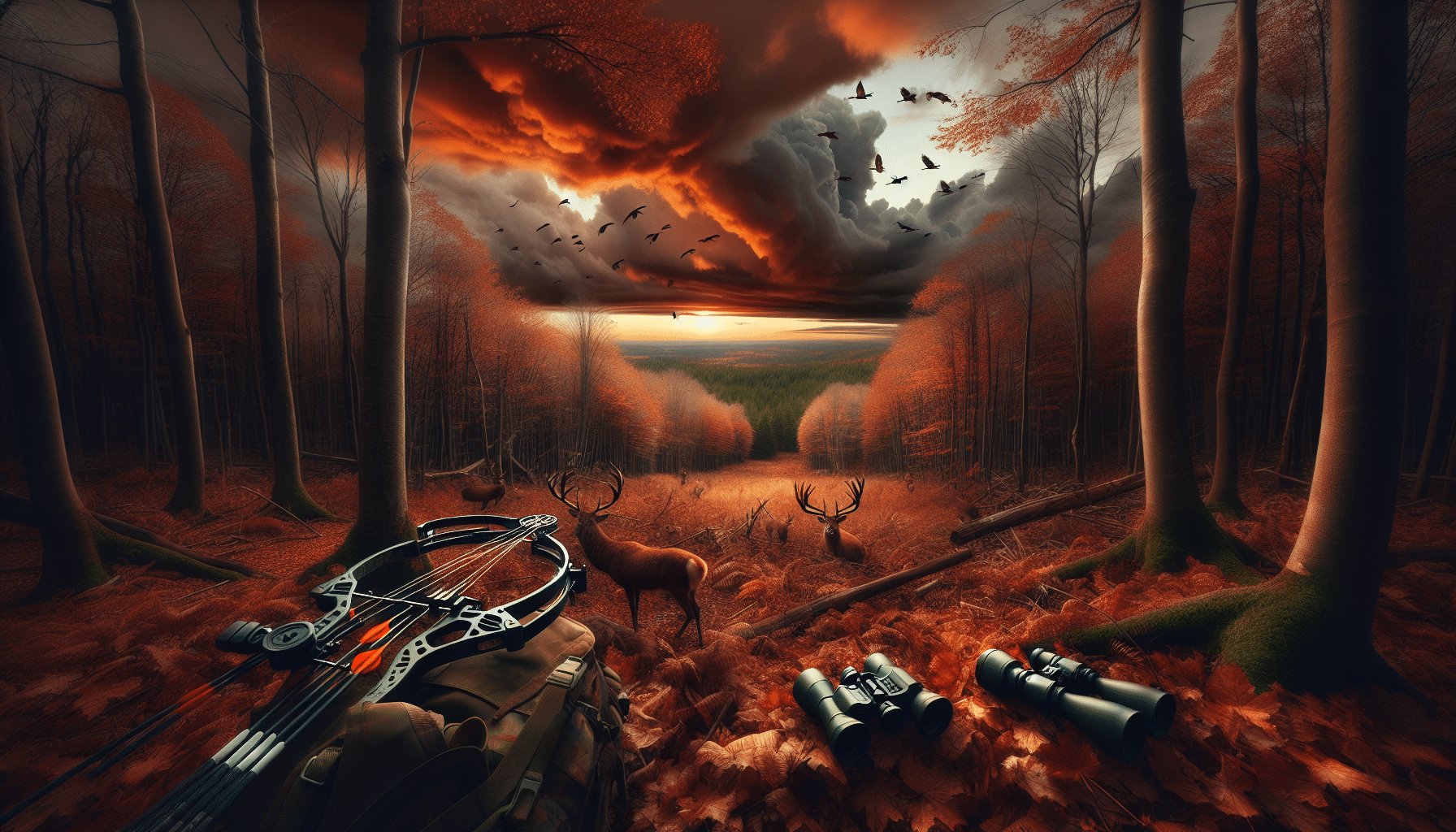Generate an image representing the concept of hunting right before a cold front, ensuring the content is suitable for a non-branded article. The environment should be a vast forest with brown-orange fall leaves, an overcast sky with dark, rolling clouds indicative of the approaching storm. It is nearly sunset, with a burst of deep orange color barely breaking through the darkened sky. The forest floor is scattered with hunting equipment – such as a compound bow, binoculars, and trail markers – all nestled amongst the fall leaves. Above the trees, a group of birds is seen in migration, showing the change of seasons. The visual style should be hyper-realistic, drawing the viewer into the scene with its high-level detail and immersive quality. However, keep the image free from text, people, brand names, and logos.