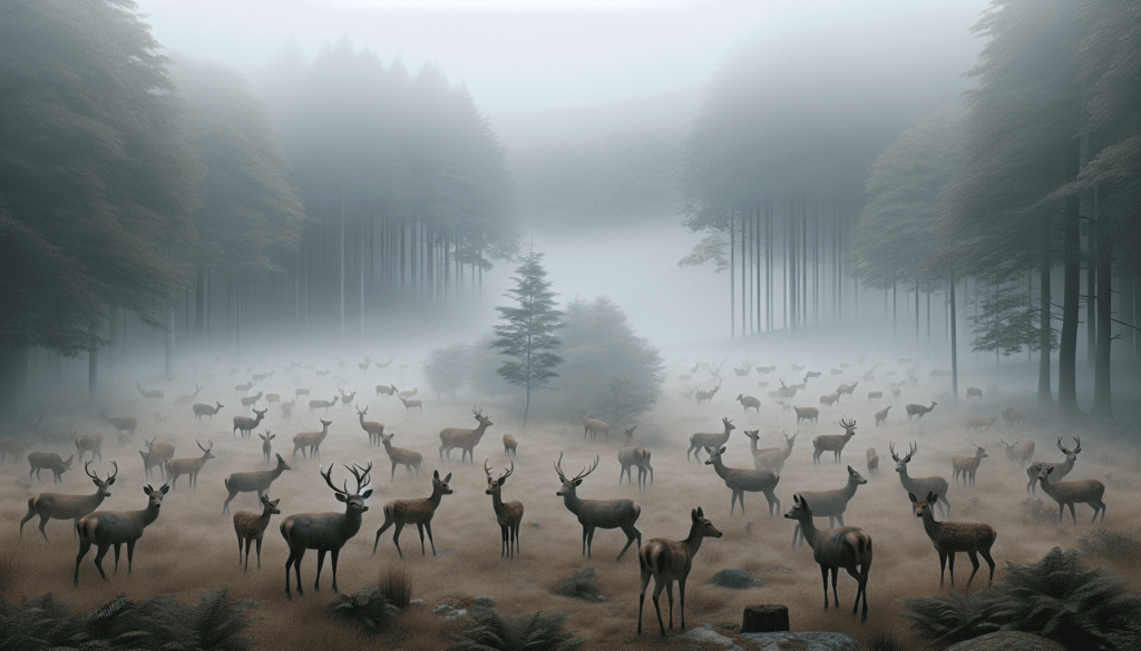 A hyper-realistic scene depicting a large, open woodland covered in dense fog. Out of the misty backdrop, multiple deer, of varied age and gender, can be seen. Some appear hesitant, standing still, while others seem to move cautiously through the fog, conveying the notion of the possible affect fog might have on their movement. There are no people, text, brand names or logos in the image.