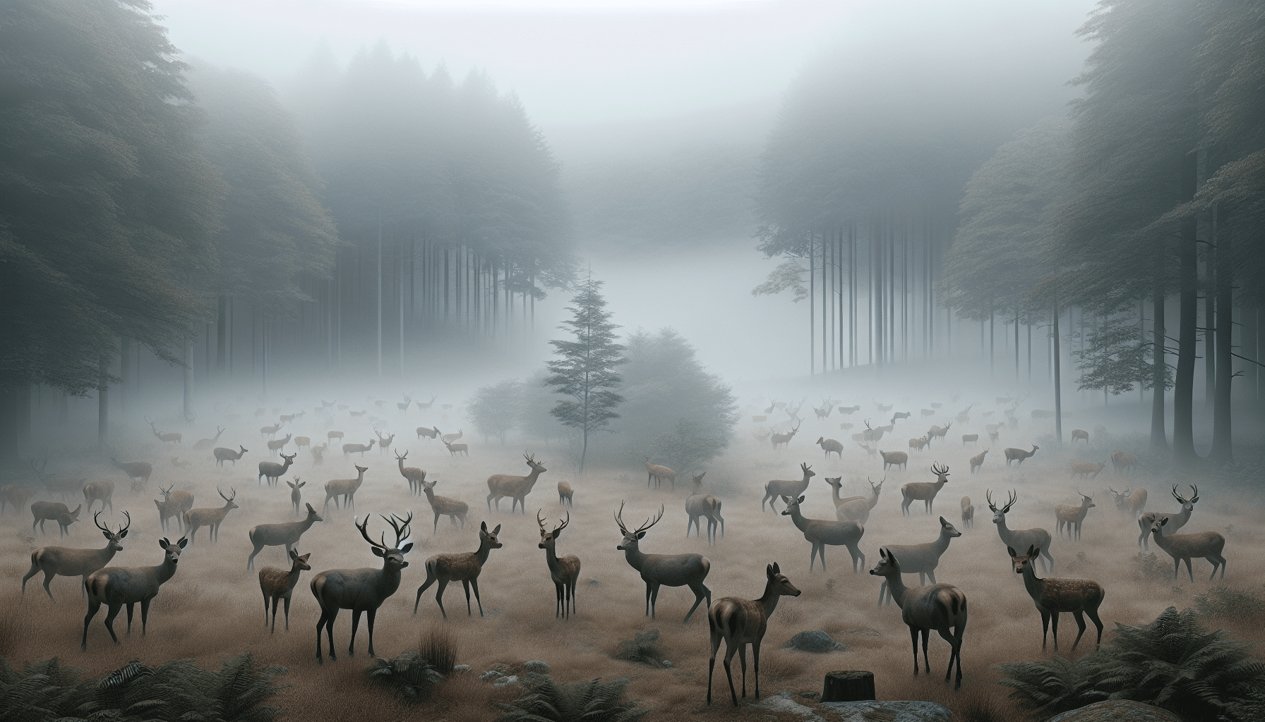 A hyper-realistic scene depicting a large, open woodland covered in dense fog. Out of the misty backdrop, multiple deer, of varied age and gender, can be seen. Some appear hesitant, standing still, while others seem to move cautiously through the fog, conveying the notion of the possible affect fog might have on their movement. There are no people, text, brand names or logos in the image.