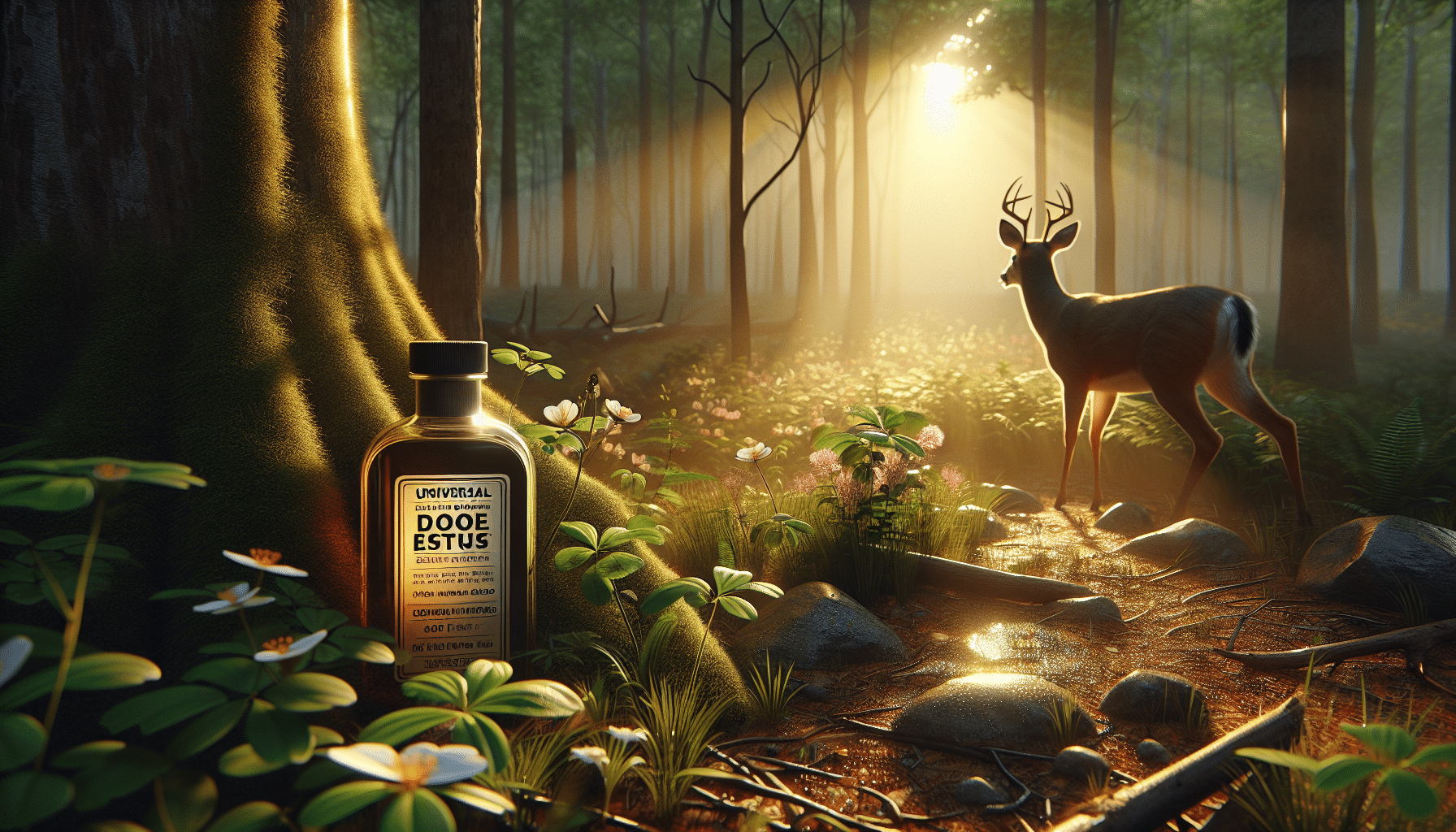 A hyper-realistic depiction of an early morning in a dense forest. The sun is just beginning to rise, casting a warm, golden glow across the wild terrain. The spotlight falls on a bottle with a nondescript label, symbolizing universal doe estrus scent, discreetly placed on the forest floor near wildflowers. Close by, a curious whitetail deer approaches, sniffing the air to catch the scent from the bottle. Hoof prints leave a trail behind it in the moist earth. Dew glimmers on the leaves and the breath of the deer is visible in the cool air. There are no people, text, brand names, or logos in this scene.