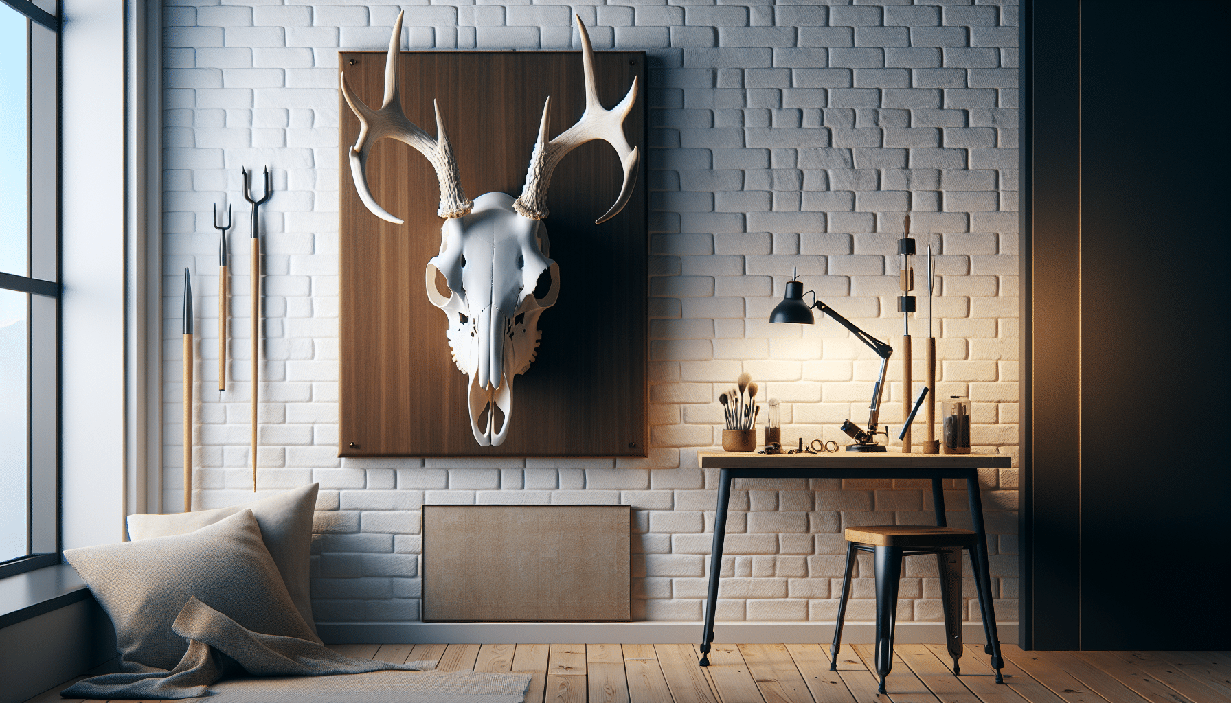Create a hyper-realistic image showcasing a European-style mount setup at home. The scene includes a thoroughly cleaned mammal skull, predominantly a cervidae family member like a deer, already properly mounted on a polished, dark wood plaque against a softly lit room backdrop, with cozy, rustic decor. The plaque is hung neatly on a white, textured brick wall that provides a striking contrast. The skull, bleached white and with a high degree of detail, stands out in the room. The ambient lighting subtly highlights the skull's hollow features while darkening its lips, nose, and eye crevices for a captivating look. Nearby, a simple wooden table hosts high-quality mounting tools neatly arranged. Everything is represented in great detail, without any text, people, brand names, or logos.
