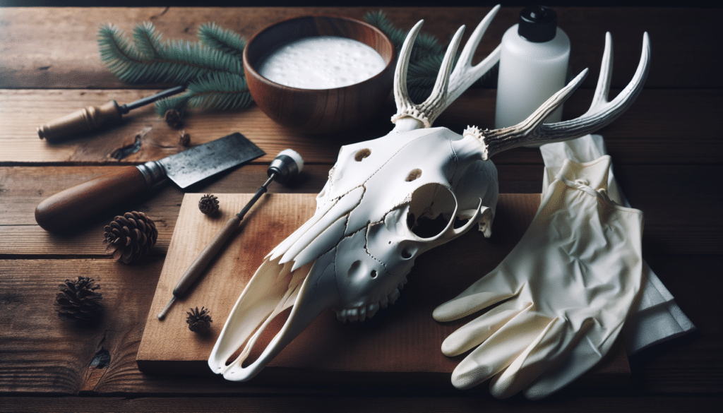 Create a hyper-realistic image that showcases the process of skull bleaching for deer. The scene should include essential equipment, such a pair of gloves and a bowl of whitening solution, all without any identifiable brands or logos. The focus is on a cleaned deer skull, ivory white with intricate details, it rests on a wooden table, evidence of the bleaching process. Nearby are a few pine branches and fallen leaves, giving the setup a natural atmosphere. There should not be any individuals or names present in the image.