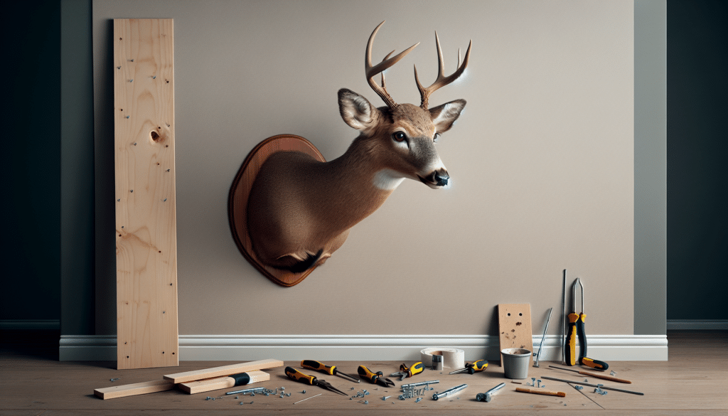 A hyper-realistic image depicting a DIY project once completed. The focus of the image is a deer shoulder mount, indicating it has been done by an individual rather than a professional taxidermist. The mount shows a deer's head, eyes alert, ears pricked and nose forward, mounted against a plain, neutral-colored wall. The surroundings include DIY tools such as pliers, screws, and mounting board scattered around, but no commercial brand logos or tags visible. The completed mount suggests effort and skill, questioning if it's worth the endeavor.