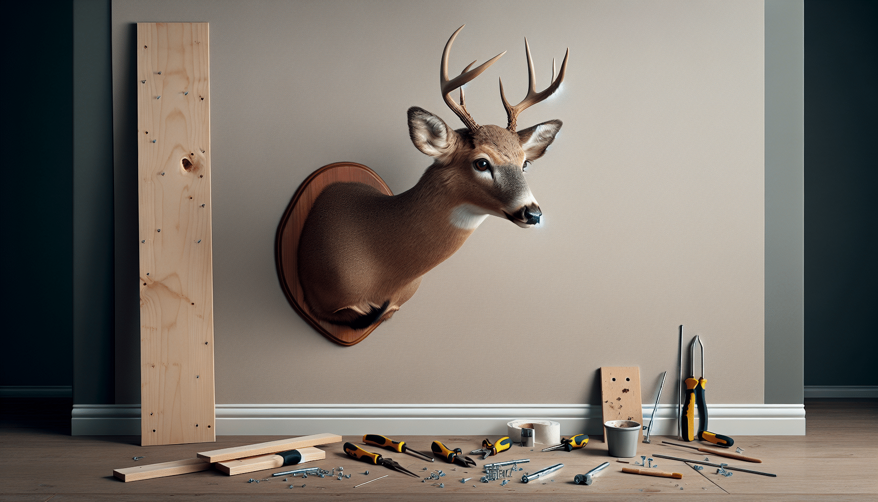 A hyper-realistic image depicting a DIY project once completed. The focus of the image is a deer shoulder mount, indicating it has been done by an individual rather than a professional taxidermist. The mount shows a deer's head, eyes alert, ears pricked and nose forward, mounted against a plain, neutral-colored wall. The surroundings include DIY tools such as pliers, screws, and mounting board scattered around, but no commercial brand logos or tags visible. The completed mount suggests effort and skill, questioning if it's worth the endeavor.