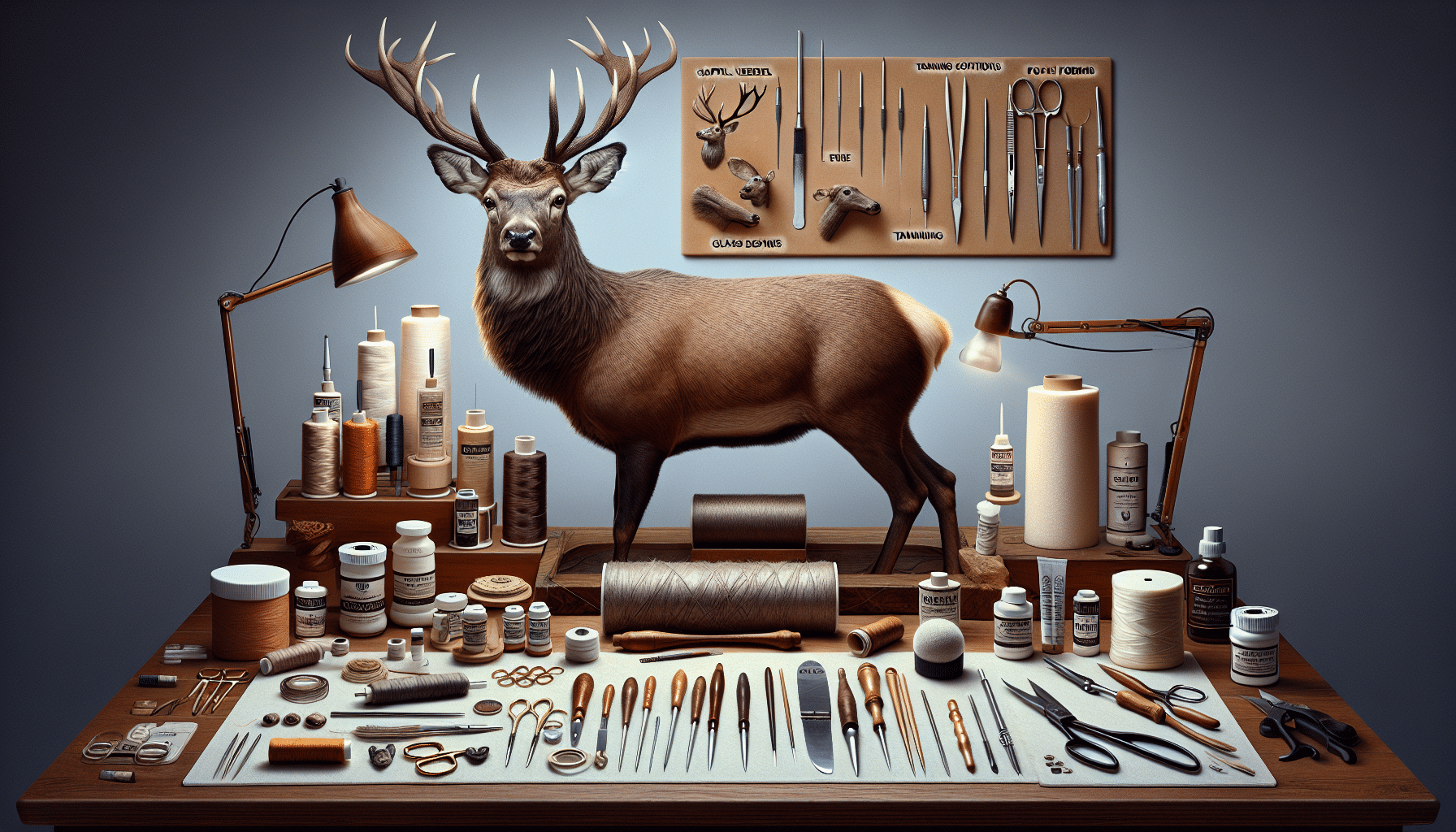 Create a hyper realistic image that depicts the craft of taxidermy centered around a deer. Show an array of specialized tools for the trade like scalpel, needles, thread, tanning solutions, foam forms, glass eyes for deer, and the likes, all neatly arranged in the workspace. The centre-piece should be a fully completed taxidermy of a majestic stag with antlers, atop of the work desk. Ensure the image contains no people, brand names, logos or any form of text, an embodiment of purely applied craft in taxidermy.