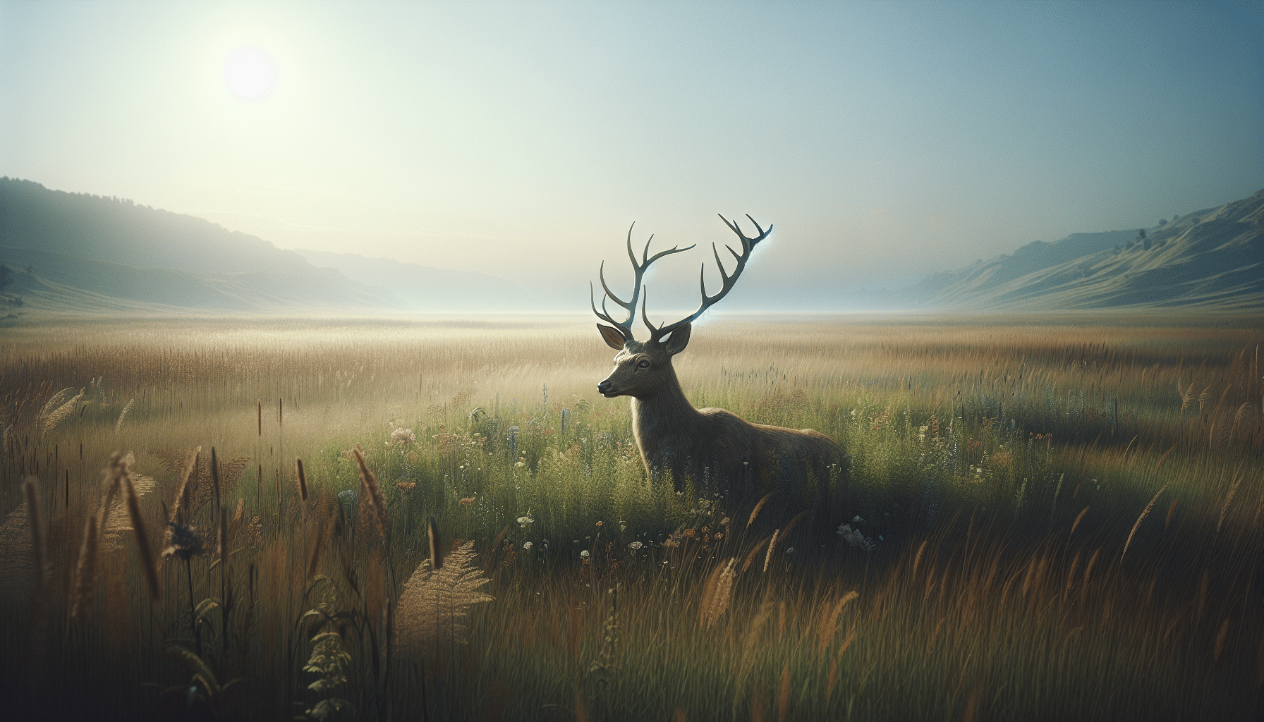 Create a hyper-realistic image depicting a deer in a field during daytime with a natural ambiance. This deer should have a distinctive appearance as if it has been "caped" according to hunting practices, denoting the process of preserving its hide and antlers – however, this should be visualized gently, with no violent or harsh elements. The field needs to be wide and open, lush with grass and wildflowers, with a soft sun casting a warm light. Make sure not to include humans, text, brand names, or logos in the image.
