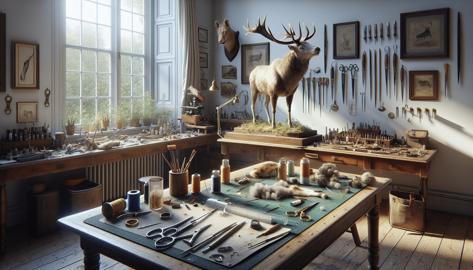 A detailed image in a hyper-realistic style that showcases a traditional taxidermist's workspace, devoid of any human presence. There should be a partially completed animal mount on the table, tools of the trade such as needles, thread, and stuffing dispersed among the workspace. The room should be well-lit, with natural light streaming in from a window showcasing an outside view. The environment should convey a sense of dedication and expertise, with the taxidermy in progress being the main focus. The image should not contain any text, brand names, or logos.