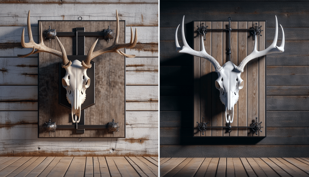 A hyper-realistic scene showing a comparison between two categories of European mount hangers. On the left, a mount hanger of an abstract design, offering unique functionality for hanging a large, bleached animal skull, possibly a deer. The mount is effectively holding the skull at multiple points, showing off its antique beauty elegantly. On the right, another more conventional mount hanger, also containing a similar animal's skull, but mounted in a generic way, perhaps not showcasing the skull as well as the left one. The two hangers are displayed against a background of rustic wooden wall.