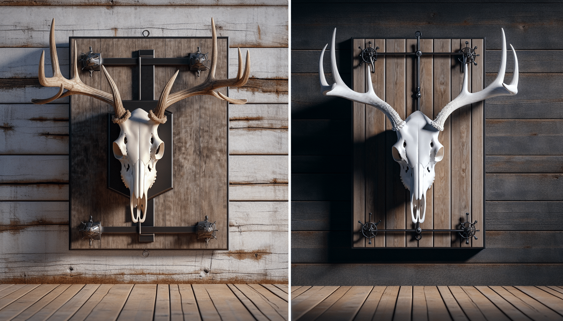 A hyper-realistic scene showing a comparison between two categories of European mount hangers. On the left, a mount hanger of an abstract design, offering unique functionality for hanging a large, bleached animal skull, possibly a deer. The mount is effectively holding the skull at multiple points, showing off its antique beauty elegantly. On the right, another more conventional mount hanger, also containing a similar animal's skull, but mounted in a generic way, perhaps not showcasing the skull as well as the left one. The two hangers are displayed against a background of rustic wooden wall.
