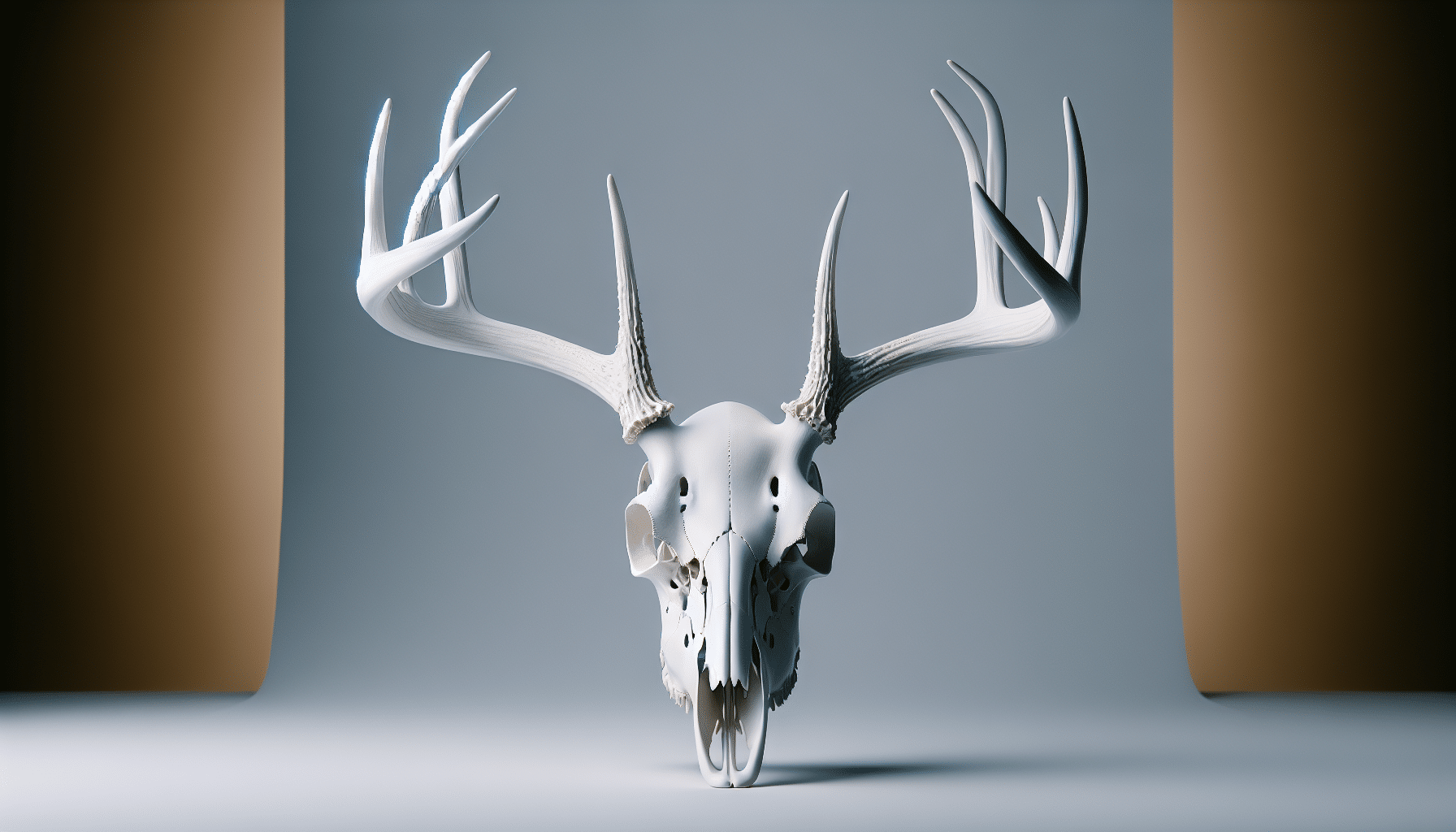 A hyper-realistic image of a white deer skull on a clean, solid background. The skull shows no signs of individual bones falling apart, maintaining its structural integrity. Reflect a pristine aesthetic with each detail, from the curvature of the antlers, the contours of the eye sockets, to the intricate patterns of the teeth. Make sure no brand logos or names are visible, and keep the setting devoid of people or personal items. The overall aesthetic should convey a sense of delicate handling and knowledgeable preservation techniques.