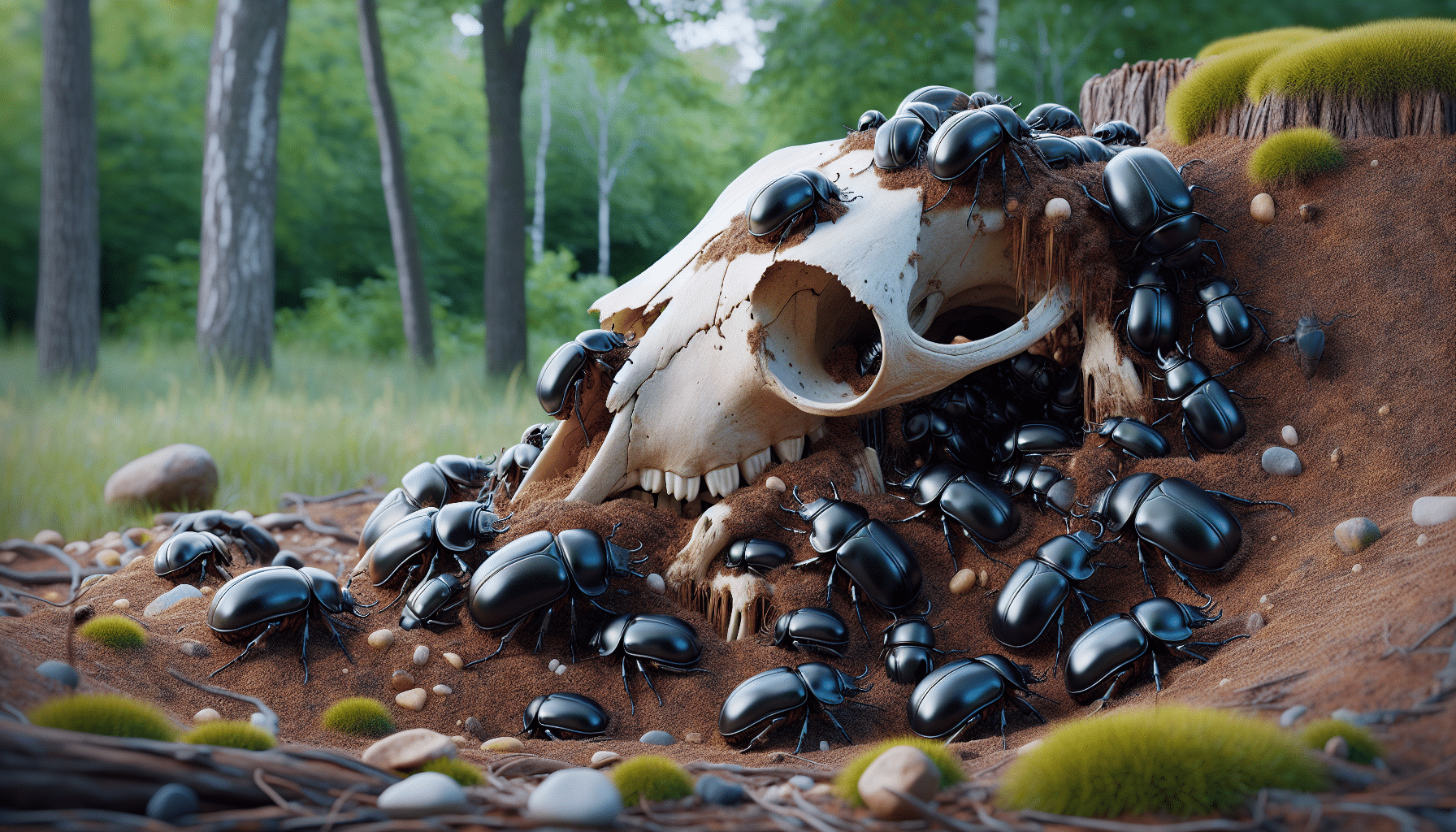 A hyper-realistic scene of a thriving beetle colony. The beetles, glossy black and intricately detailed, work collectively on cleaning a deer skull that lies in their midst. The structure of the colony is highly complex, with small tunnels and chambers visible within the dirt. The deer skull, with its intricate details unmarred by decay, hints at the efficiency of the beetles' work. A rural forest setting envelopes this scene, with natural elements like moss, fallen leaves, and small pebbles adding depth to the scene. No people, brand names, or text are included in this image.