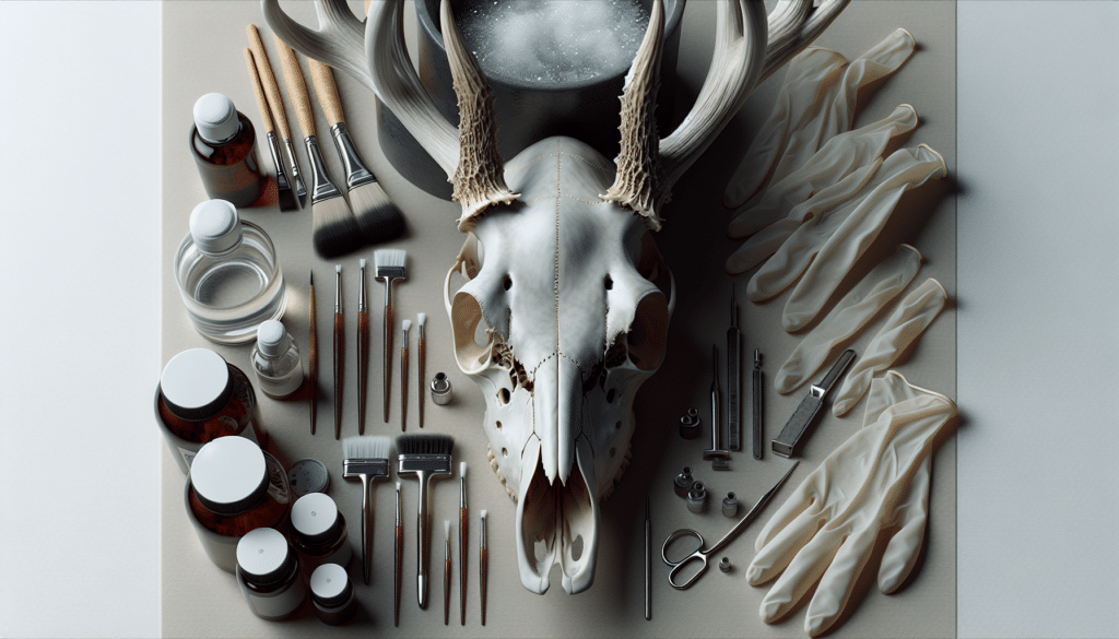A hyper-realistic, intricately detailed image portraying the scene of deer skull bleaching. Featured in the center is a well-preserved deer skull, its empty eye sockets and intricate dental structures visible. The skull is placed on a clean, neutral colored surface. Around it are assorted tools such as soft brushes and latex gloves, suggesting careful handling. Bottles filled with unidentified clear liquid, meant to represent non-branded peroxide, are also present. The cap of one of the bottles is off, signifying preparatory action. There are no brand names, logos, people, or any form of text present in the image. The elements in the scene are positioned to imply the process of bleaching, spreading all across the frame.