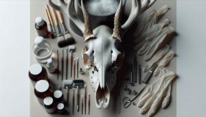 A hyper-realistic, intricately detailed image portraying the scene of deer skull bleaching. Featured in the center is a well-preserved deer skull, its empty eye sockets and intricate dental structures visible. The skull is placed on a clean, neutral colored surface. Around it are assorted tools such as soft brushes and latex gloves, suggesting careful handling. Bottles filled with unidentified clear liquid, meant to represent non-branded peroxide, are also present. The cap of one of the bottles is off, signifying preparatory action. There are no brand names, logos, people, or any form of text present in the image. The elements in the scene are positioned to imply the process of bleaching, spreading all across the frame.