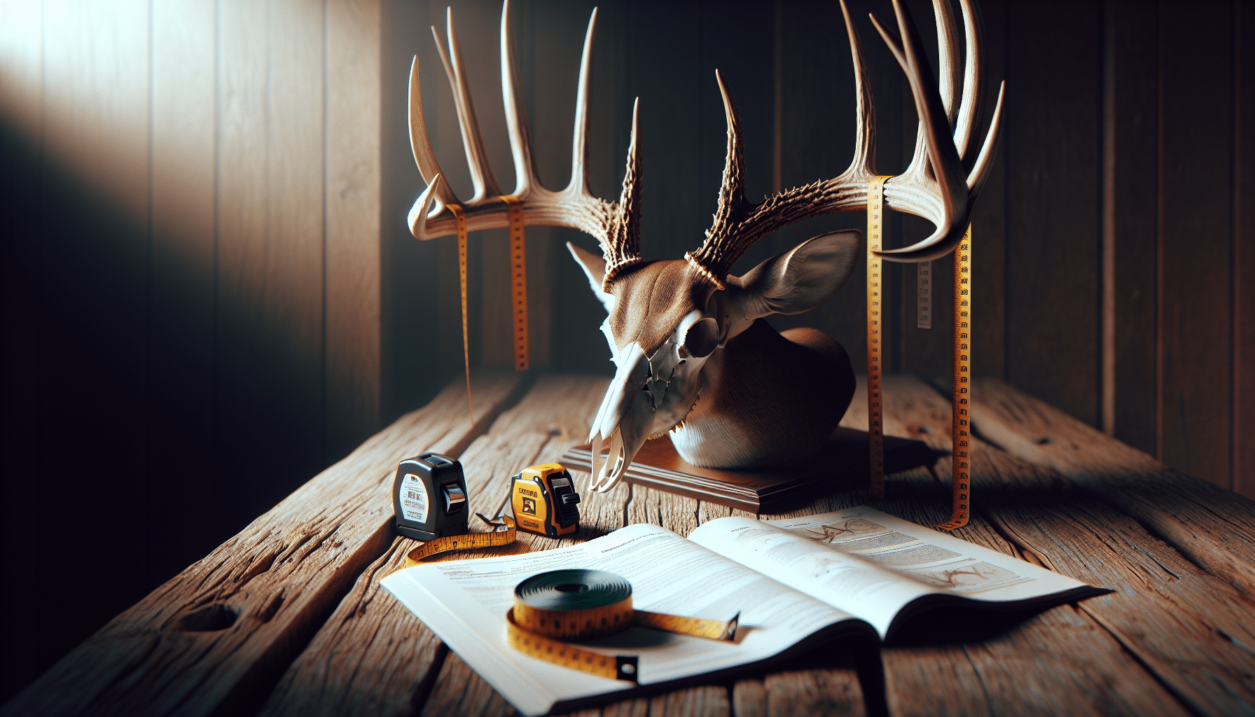 A powerfully detailed hyper-realistic image of a deer rack placed on a rustic wooden table. The deer rack exhibits magnificent antlers, with every detail of the bone structure meticulously crafted for realism. Near the rack, there's a measuring tape lying loosely curled, and an instruction manual opened to a page about scoring deer racks. The light illuminates the table and the rack casting a soft warm glow. The background is blurred, focusing strictly on the rack and the materials at hand. No logos, brands, text, or human presence distracts from the main subject.