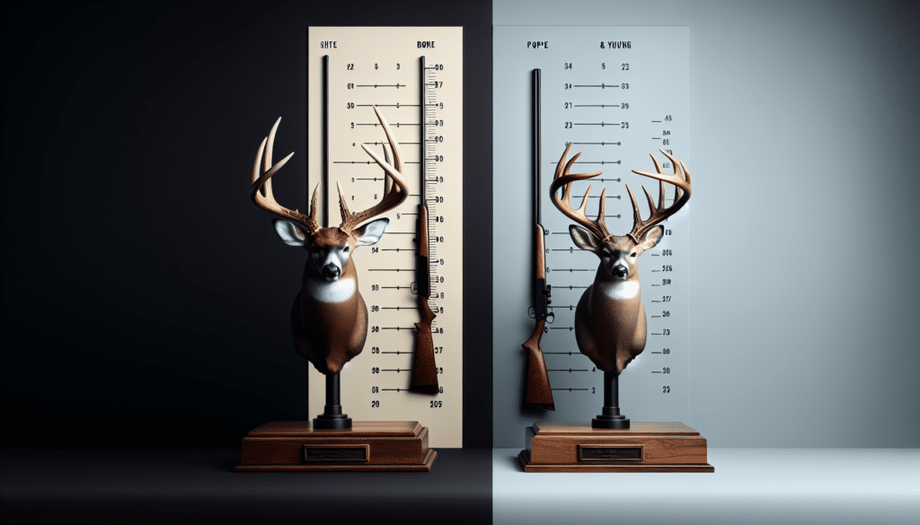A highly realistic still-life display capturing two distinct scoring systems using symbols of hunting. On one side, represent the Boone and Crockett method with a large, robust antler set from a deer, exuding power and stature. On the other, symbolize the Pope and Young method with a delicate yet symmetrical antler set from a smaller deer, embodying precision and finesse. Avoid any direct or indirect association with any brand, logo, person, or text. Lay the antlers against a contrasting background to emphasise the scoring differences.