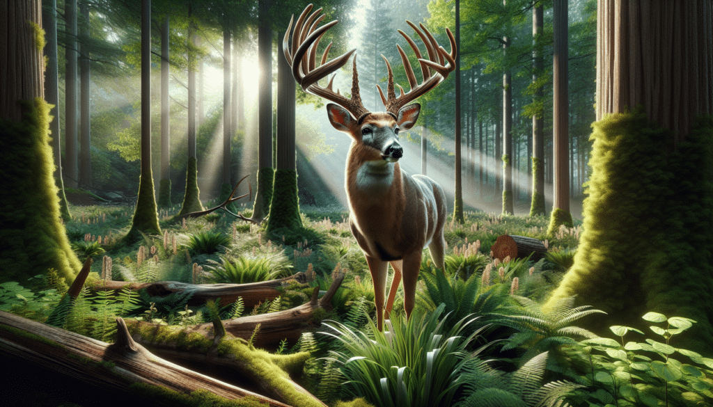 A forest landscape populated by magnificent Whitetail deer.