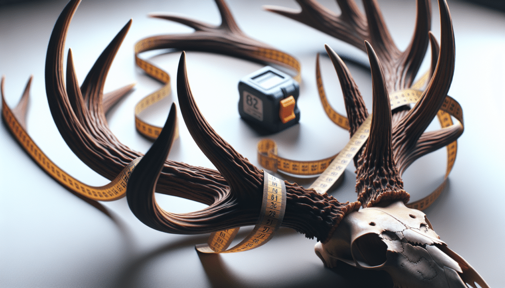 A hyper-realistic image depicting a closeup view of a set of deer antlers. The antlers are intricately detailed with a deep brown color and rugged texture, showcasing the intricate branching and complexity. Within image, there's a tape measure, unfurled and looped subtly around the antlers, capturing the 'inside spread'. No people, text, brands, or logos are visible anywhere in the scene. The background is out of focus to emphasize the antlers and the measuring process. The light source is gentle, casting soft shadows to enhance the realism and depth.