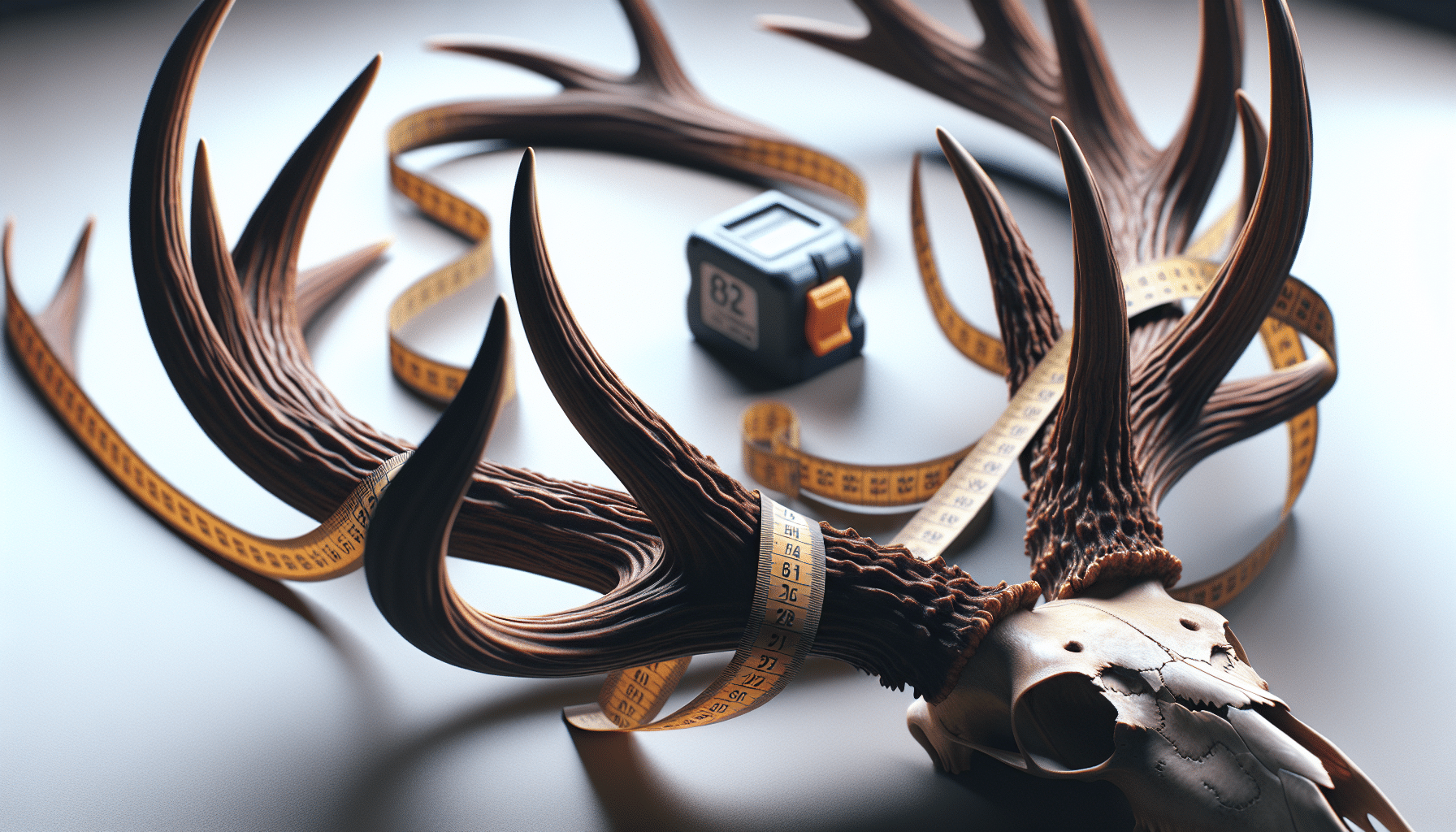 A hyper-realistic image depicting a closeup view of a set of deer antlers. The antlers are intricately detailed with a deep brown color and rugged texture, showcasing the intricate branching and complexity. Within image, there's a tape measure, unfurled and looped subtly around the antlers, capturing the 'inside spread'. No people, text, brands, or logos are visible anywhere in the scene. The background is out of focus to emphasize the antlers and the measuring process. The light source is gentle, casting soft shadows to enhance the realism and depth.