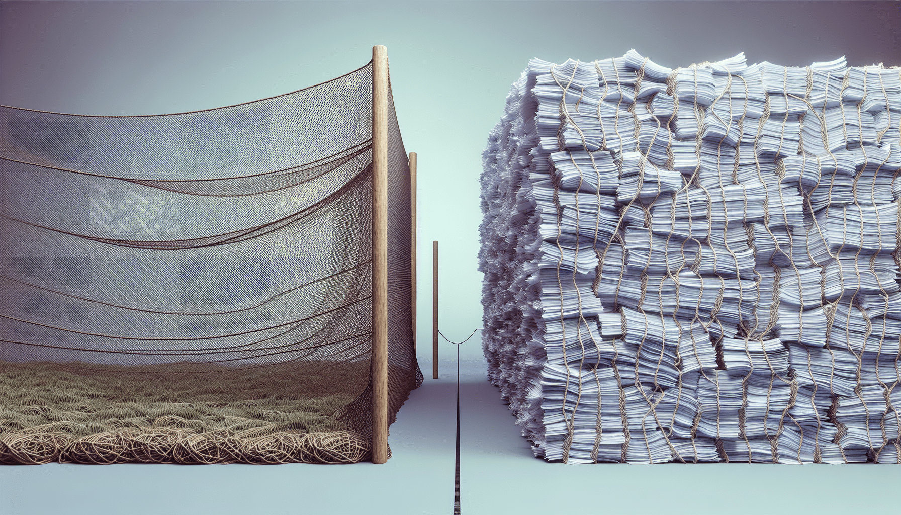 A hyper-realistic image showcasing the difference between net score and gross score, but without any text or brand names. The scene includes two sides, one side embodies the net score theme with a net-like structure, perhaps a rope net or a woven pattern. The other side represents the gross score with a dense structure, maybe thick stacks of paper or a monolithic stone structure. In the middle, there is a clearly drawn dividing line. No people, animals, or any recognizable characters are included in the picture.
