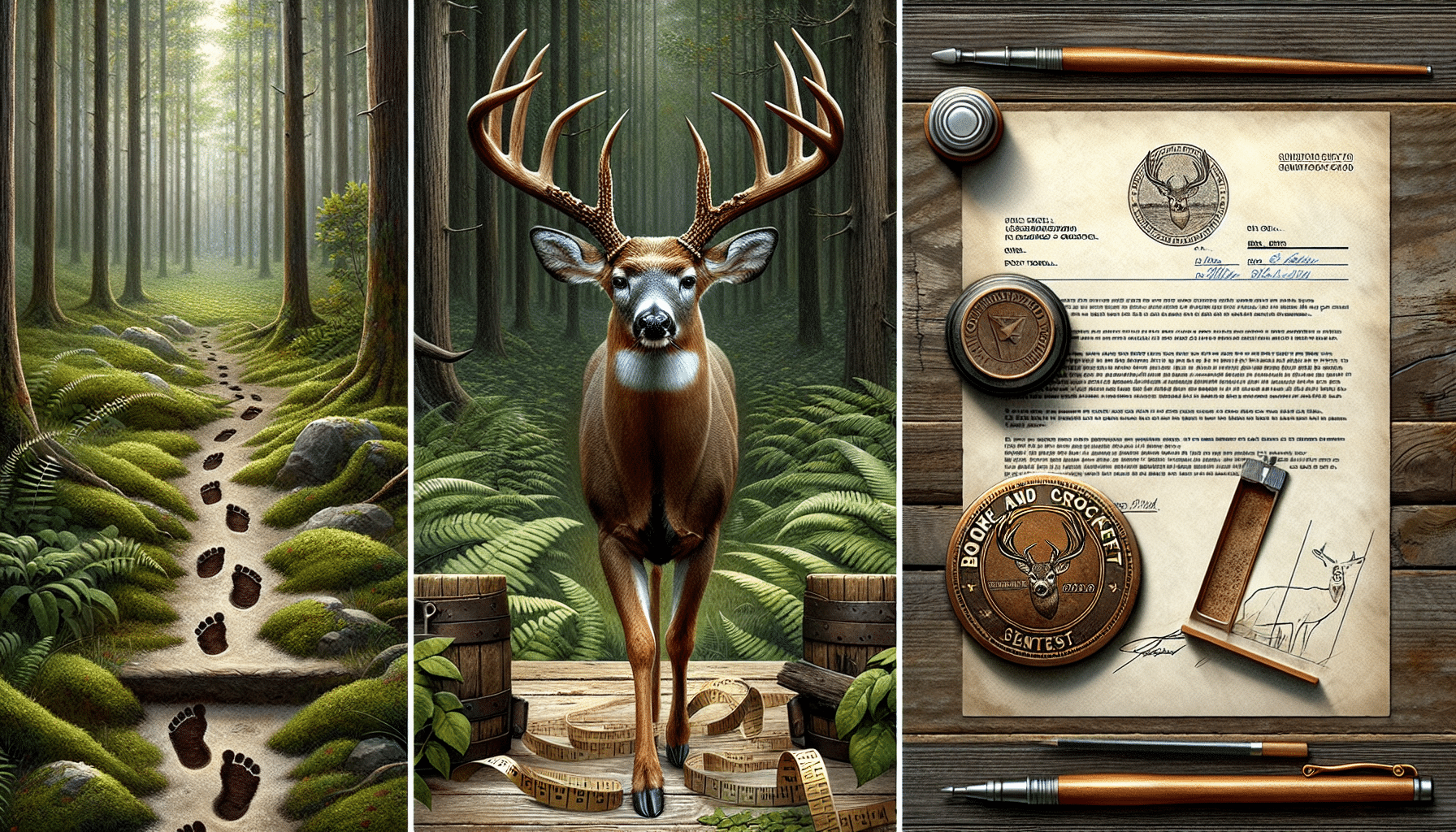 An extremely detailed and realistic view showing the steps of entering a deer in the Boone and Crockett contest without any human presence. Focus on three distinct scenes: 1) A lush forest with footprints leading towards an adult deer grazing peacefully; 2) A close-up of a measurement tape wrapped around the deer's antlers denoting its size; 3) Lastly, depiction of a letter seal for submission, it is next to a rustic wooden table, no text or brand logos on it. All elements must coalesce into a cohesive illustration that tells the story without the need for text or human characters.