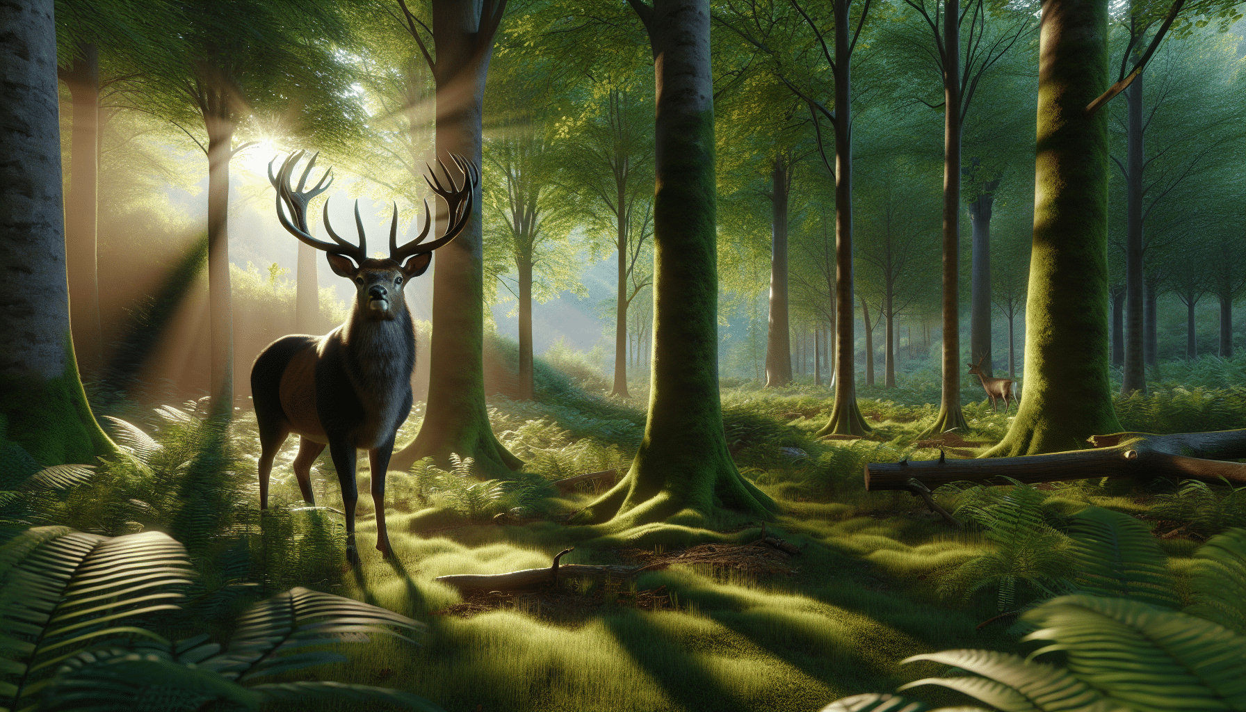A photo-realistic image featuring a mature deer in a green forest. The deer is standing, its massive antlers are well-displayed, indicating it has excellent scoring potential. It's early morning, and sun rays are pouring in through the trees, casting interesting shadows and illuminating the forest. There are no humans or human-made objects in the scene, only the deer, trees, sun rays, shadows, and natural forest floor. The atmosphere is peaceful and tranquil, and it's evident that the deer is living freely in its natural habitat.