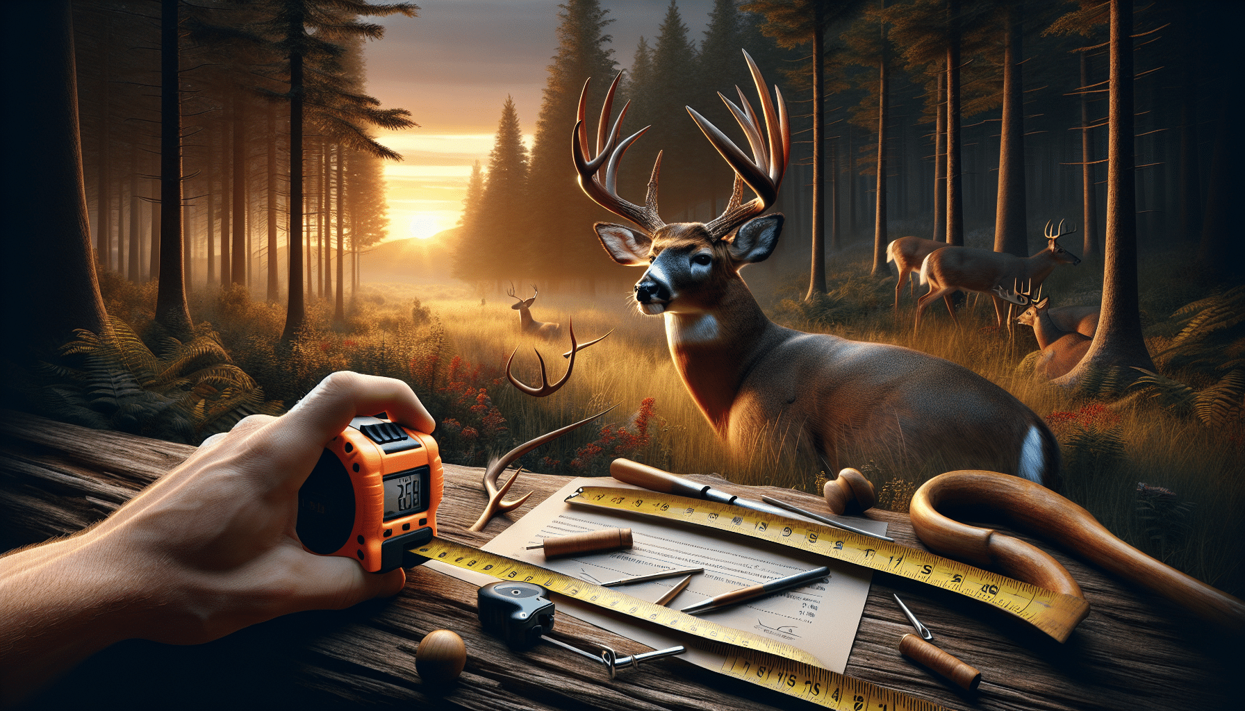 A hyper-realistic scene in the great outdoors to denote hunting activities related to deer. In the foreground, we see a large 12-point buck beautifully showcased, there is a detailed tape measure next to it, signifying the act of scoring. Various items known as common mistakes in scoring a buck are prominently displayed. For instance, a hand holding an incorrectly positioned tape measure on the antlers, overestimation of the spread, etc. The setting sun peaks through the dense forest in the background, casting a warm glow on the scene. Please note, the image should comprise of no visible humans, documents or text.