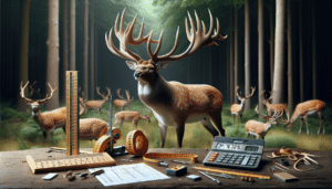 A detail-oriented depiction of a deer in its natural environment, standing majestically with a magnificent antler rack in full display.