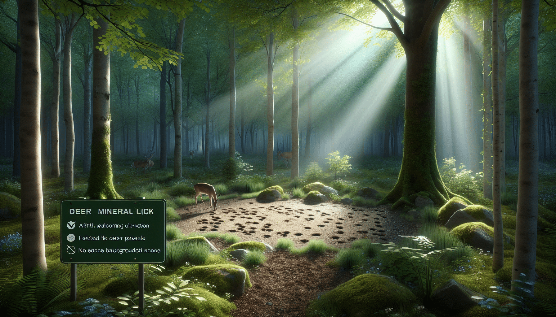 A hyper-realistic representation of an optimal environment for deer mineral lick location: Dense forest clearing with soft, welcoming streams of light piercing the overhead canopy of leaves, highlighting a patch of fertile, loamy soil enriched with trace minerals. Nearby, there are signs of frequent deer passage: haphazard scatterings of tracks, nibbled vegetation, and the peaceful, serene background score of woodland life. Must feature no humans, text, or brand logos.