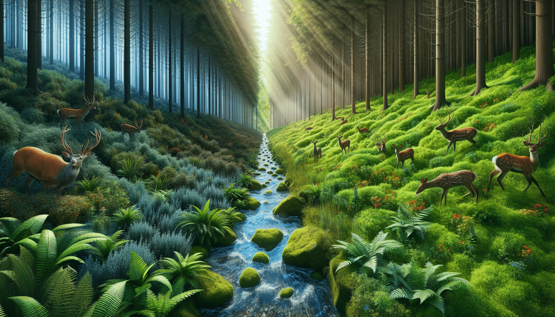 A hyperrealistic scene of two different mineral deposits in a forestry setting. One side is characterized by rich, diverse vegetation with deer roaming around. The other side depicts a less diverse, but flourishing growth with deer appreciating the area too. Both sides separated by a crystal-clear brook meandering through the middle in a peaceful forest environment. Rays of sunlight pierce through the overhead canopy, creating a mosaic of light and shadows on the forest floor. Deers in both sections look healthy, indicating the benefits of different mineral deposits. No humans, brand logos or text is visible.