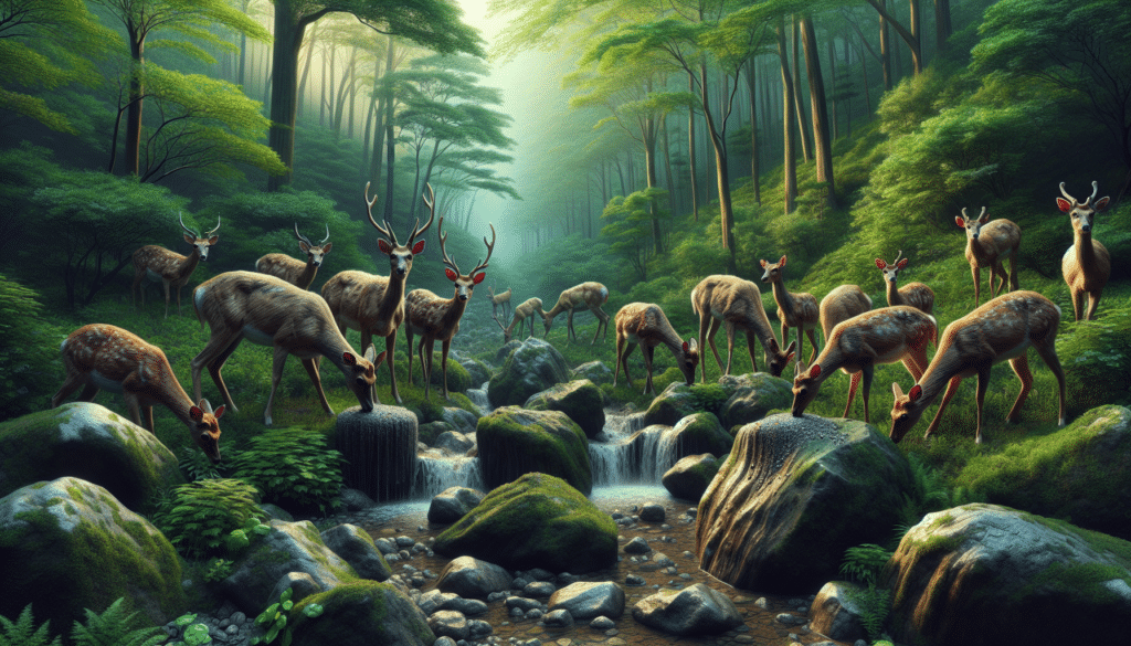 Generate an hyper-realistic image representing the concept of the given article: A group of deer in a dense forest, surrounded by the beautiful nature, rocks, and greeneries. They are curiously inspecting a mineral lick in the ground that is depicted with extra detail to invoke the sense of realism. These deer are various types, sizes, and ages, conveying the diversity within their species. There is an implicit sense of time passage in the environment; from the position of the sun in the forest indicating day time, to the shadows and lights to suggest the same.