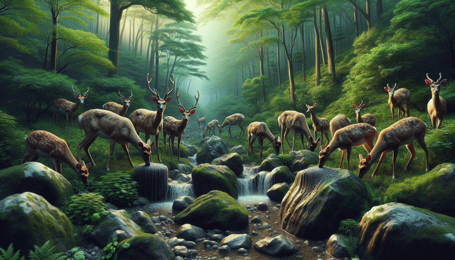 Generate an hyper-realistic image representing the concept of the given article: A group of deer in a dense forest, surrounded by the beautiful nature, rocks, and greeneries. They are curiously inspecting a mineral lick in the ground that is depicted with extra detail to invoke the sense of realism. These deer are various types, sizes, and ages, conveying the diversity within their species. There is an implicit sense of time passage in the environment; from the position of the sun in the forest indicating day time, to the shadows and lights to suggest the same.