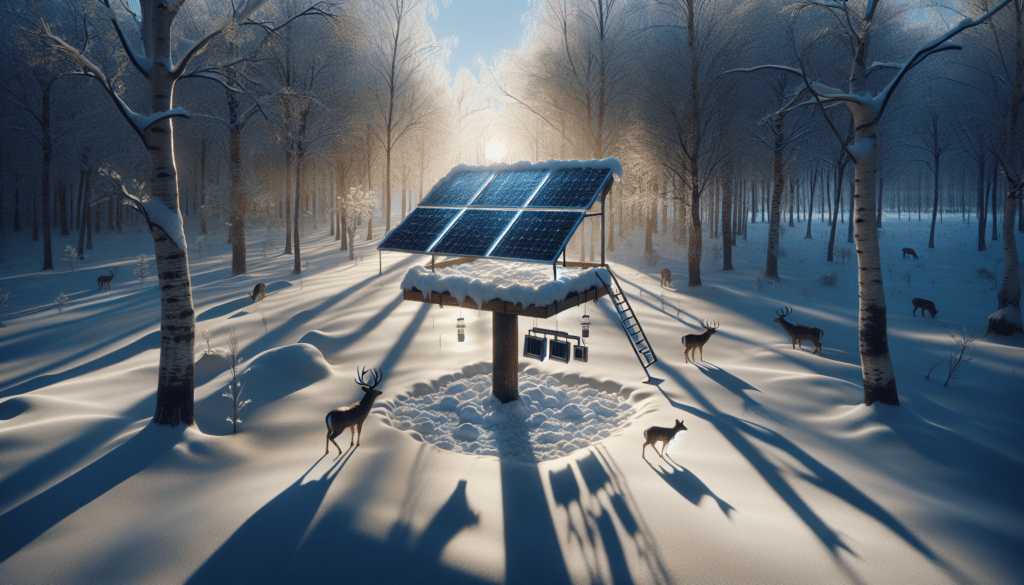 A deer feeder equipped with solar panels on snow-covered ground in winter.