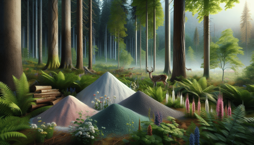 A hyper-realistic image showcasing a lush forest environment in the early morning light. Filled with varied flora such as tall trees with rugged barks, various types of ferns carpeting the forest floor, and blooming wildflowers adding pops of color. In the foreground, a large pile of different minerals and salts, ominously placed on the ground. A deer cautiously approaches the pile, its eyes filled with curiosity yet bewilderment. In the backdrop, several more deer can be seen lingering in the misty forest, hinting at the natural wildlife habitat. The image is free from human presence, brand names or logos.