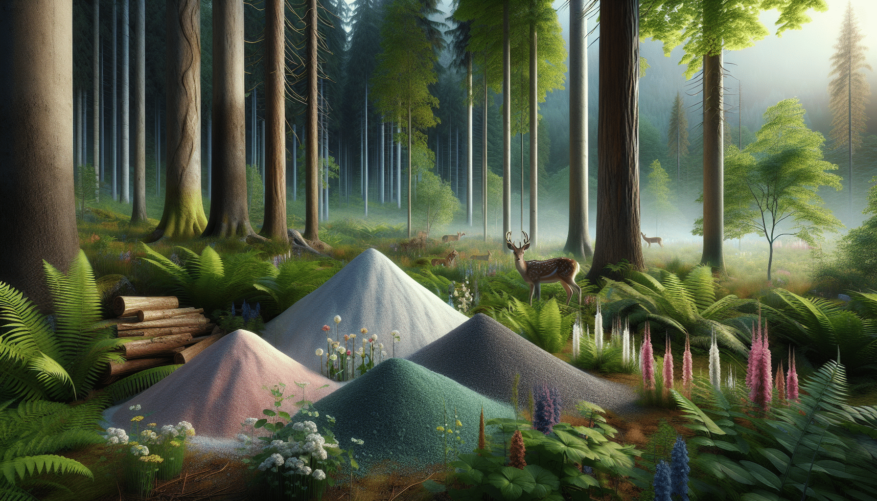 A hyper-realistic image showcasing a lush forest environment in the early morning light. Filled with varied flora such as tall trees with rugged barks, various types of ferns carpeting the forest floor, and blooming wildflowers adding pops of color. In the foreground, a large pile of different minerals and salts, ominously placed on the ground. A deer cautiously approaches the pile, its eyes filled with curiosity yet bewilderment. In the backdrop, several more deer can be seen lingering in the misty forest, hinting at the natural wildlife habitat. The image is free from human presence, brand names or logos.