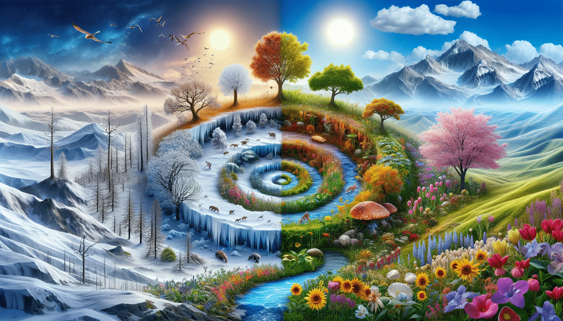 Create a hyper-realistic scene showing different times of the year transitioning in one continuum. Start with an icy, snow-covered terrain, signifying the harsh winters, followed by the gradual melting and blooming of the spring season. Show the lushness of the summer, with abundant flora, various blooming flowers, and a clear sunny sky. Transition next to the autumnal scene, with leaves turning golden-yellow and falling. At the center of these transitions, place a flourishing mineral site, growing and evolving with each passing season. Ensure no text, brand names, logos, or human forms are present within the image.