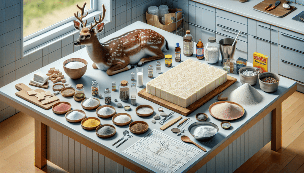 A highly detailed, hyper-realistic image showcasing the process and ingredients of making a homemade deer mineral block. The scene includes a clean, well-lit kitchen counter covered with various ingredients, such as salt, calcium, phosphorus and other minerals, with a premade deer mineral block on a separate plate. There are no identifiable brand names, text on objects, or people in the picture. Various tools and utensils (a mixing bowl, a wooden spoon) for making the mineral block are also evident. In the foreground, a blueprint or schematic diagram is visible, hinting at the process for creating the block.