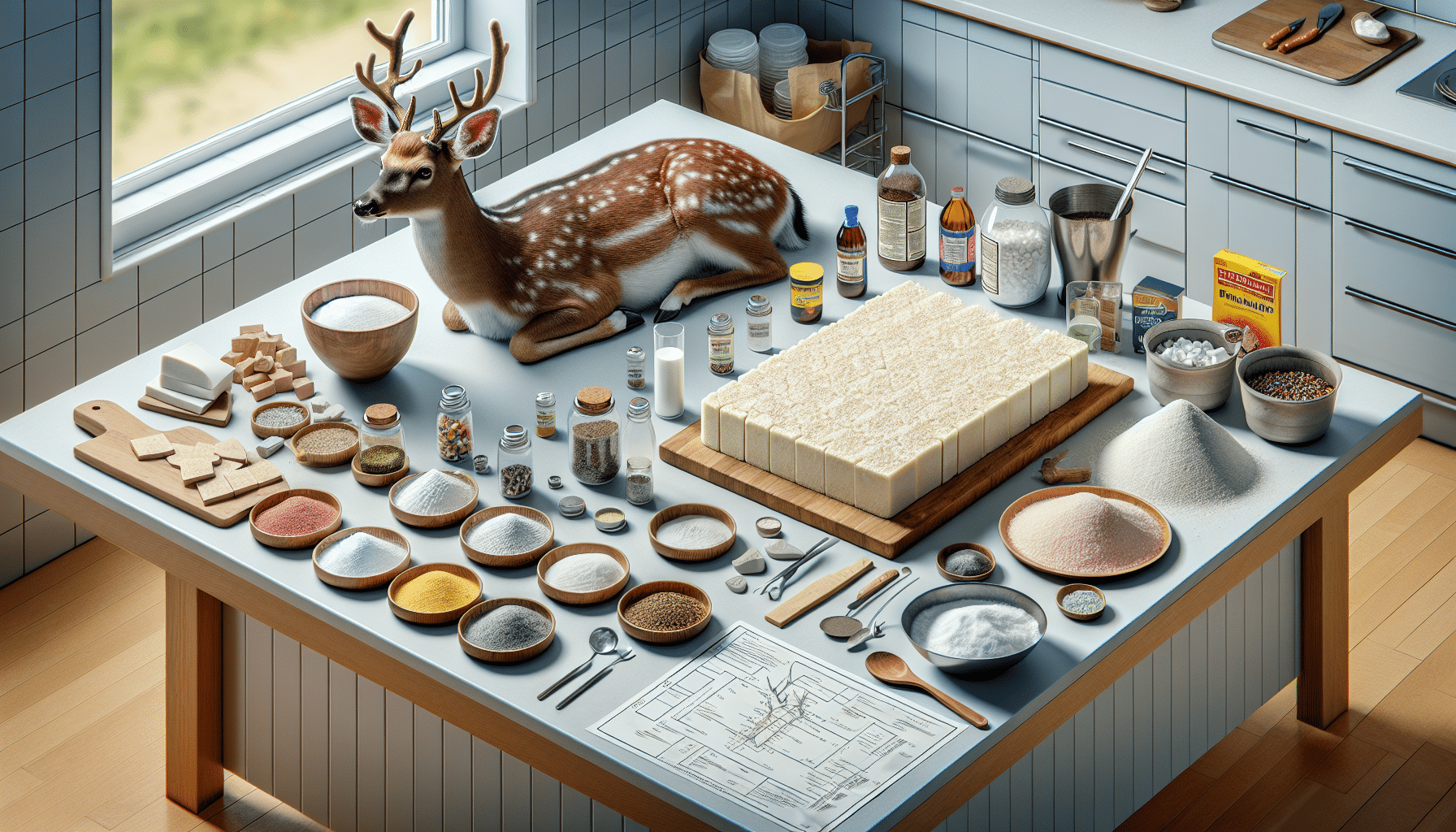 A highly detailed, hyper-realistic image showcasing the process and ingredients of making a homemade deer mineral block. The scene includes a clean, well-lit kitchen counter covered with various ingredients, such as salt, calcium, phosphorus and other minerals, with a premade deer mineral block on a separate plate. There are no identifiable brand names, text on objects, or people in the picture. Various tools and utensils (a mixing bowl, a wooden spoon) for making the mineral block are also evident. In the foreground, a blueprint or schematic diagram is visible, hinting at the process for creating the block.