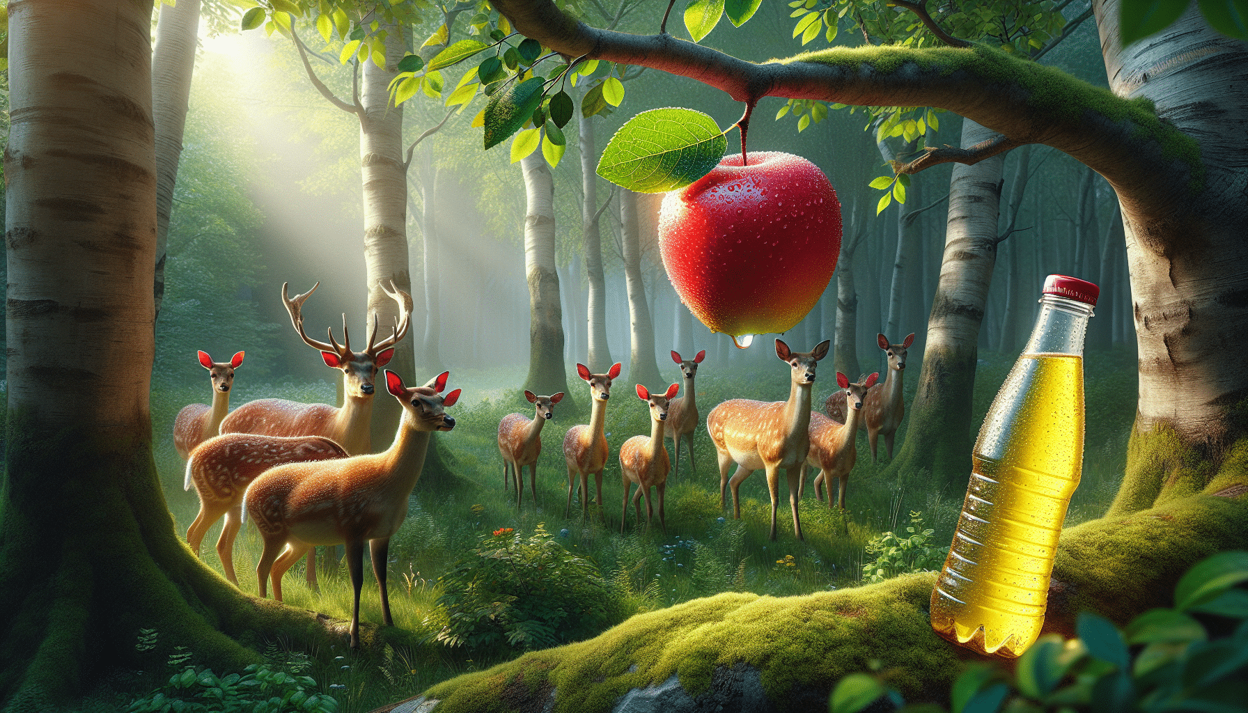 Create an ultra-realistic image of a forest environment with lush greenery. In the center of the image, there's a bright red apple with dew drops hanging from a tree branch. Next to it, there's an unopened bottle with golden yellow liquid, suggested to be mineral water without any brand names or logos. A group of deer of various sizes, with their characteristic brown coats and white spots, is attracted towards it. They appear intrigued, sniffing the air and moving towards the apple and bottle. A sense of curiosity and interest is clearly reflected in their eyes.