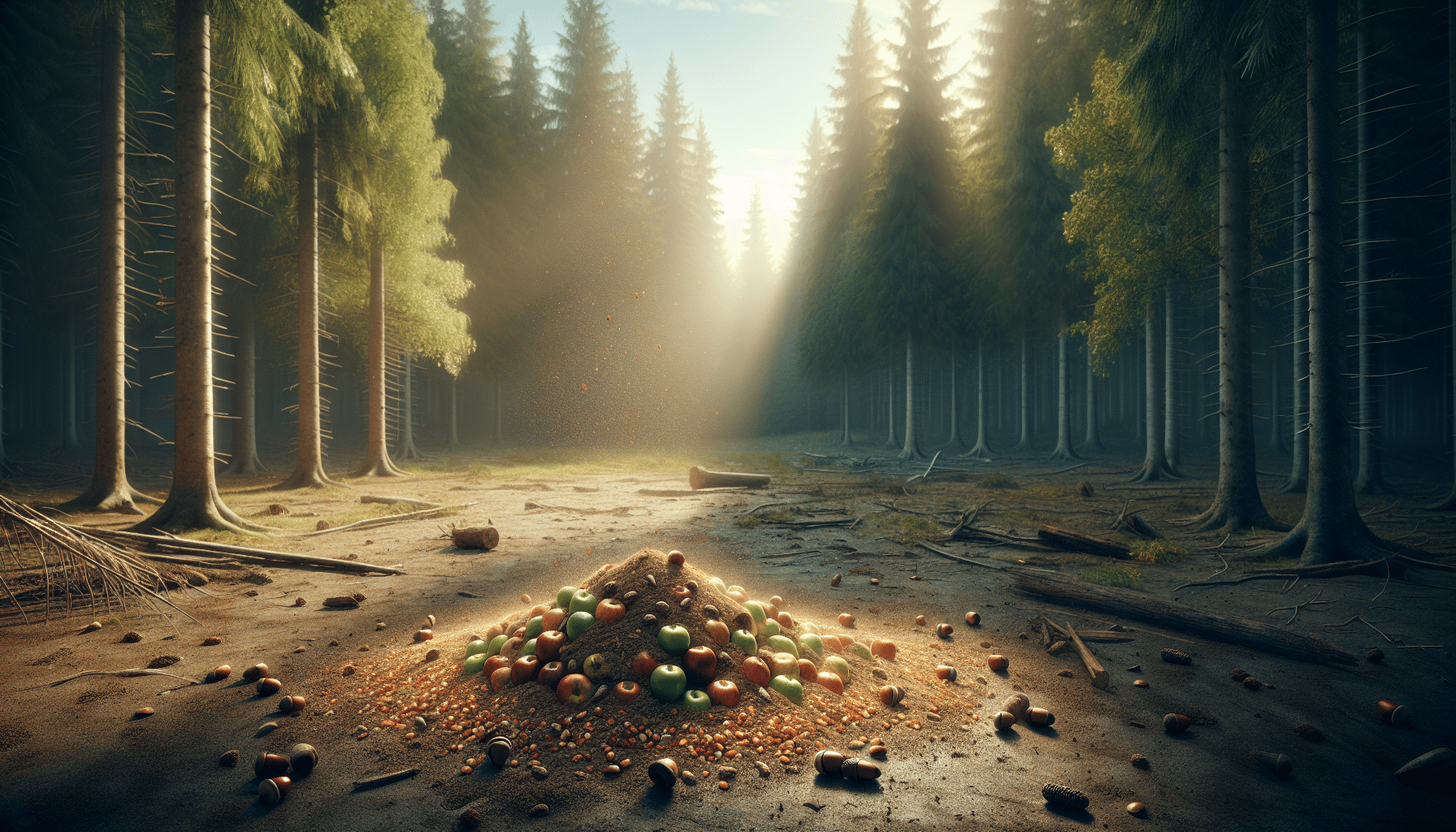 Imagine a hyper-realistic image depicting a scene of untouched nature. In the foreground, there is a cleared patch of land and at its center, a pile of fresh apples, kernels of corn, and a scattering of acorns. In the background, there's a dense forest, with tall evergreen trees that cast dappled shadows on the ground. Rays of early morning sunlight break through the canopy, illuminating dust particles in the air, and casting a golden light on the enticing pile of food. No text, people, brand names, or logos are present, leaving the viewer to focus entirely on the serenity of the scene.