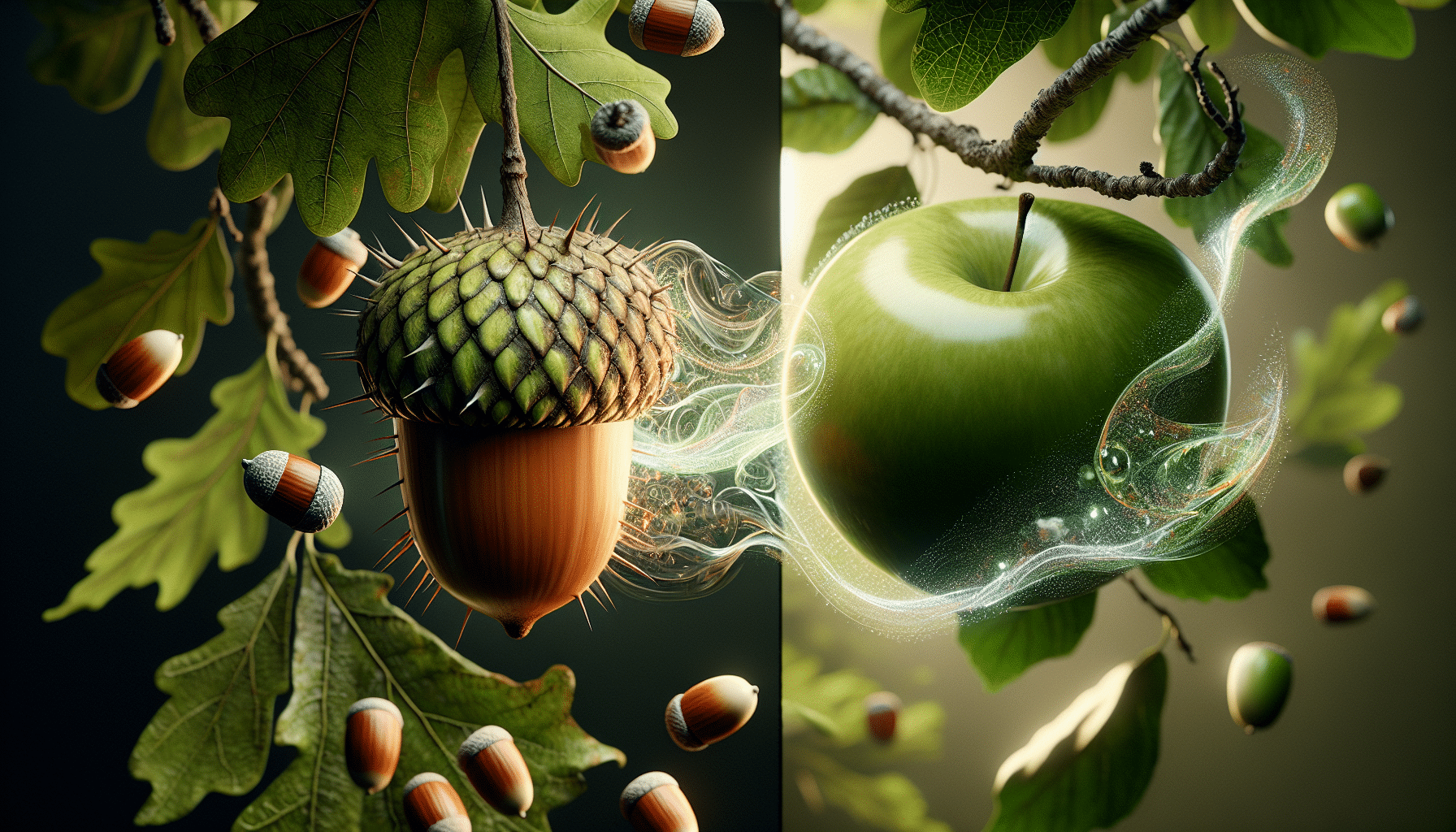 A hyper-realistic image divided into two equal halves. On the left half, a close-up of barbed, green leaves encircling a shiny, brown acorn which is falling from a mature oak tree. The atmosphere is filled with an abstract visualization of 'scent' swirling around, shown as shimmering, transparent waves, representing an acorn scent. On the right half, a luscious green apple hanging from a branch full of leaves in an apple tree. Similarly, the imagined perception of 'scent' is depicted as glittering, translucent waves, enveloping the air around, indicating an apple scent. There are no human figures, text, brand names or logos in the image.