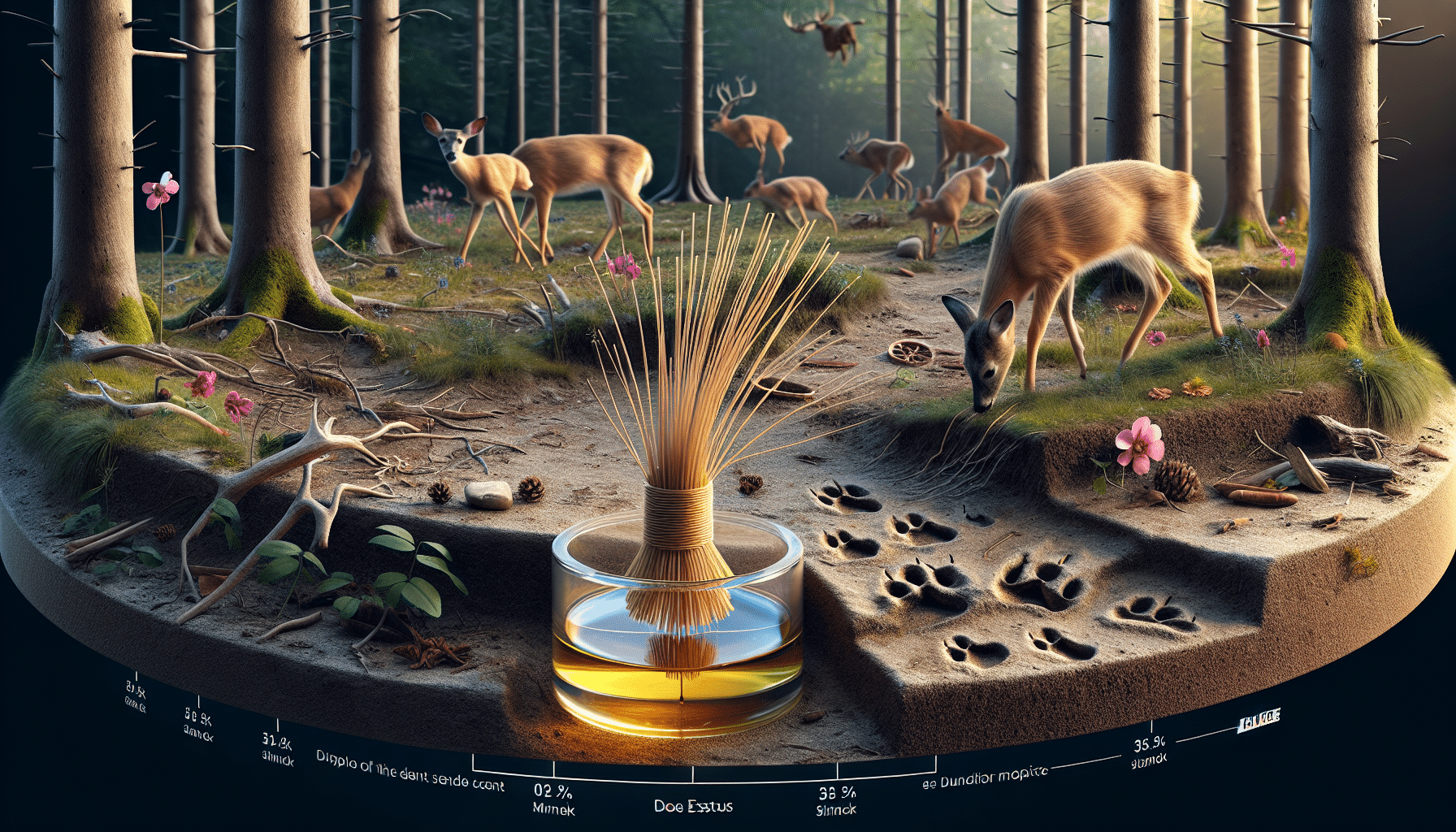 A hyper-realistic depiction of a carefully controlled outdoor scenario. The key element is a wick dripped in doe estrus scent located in the centre of the composition, its fibres absorbing the scent. The surroundings are filled with signs of passing wildlife; paw prints, nibbled branches, etc. Display the passage of time, indicated by subtle changes in lighting and surroundings, reflecting morning to night transition. The wick remains the focal point, displaying stages of saturation with the scent throughout the day. No human presence, text, or brand is included in the scene.